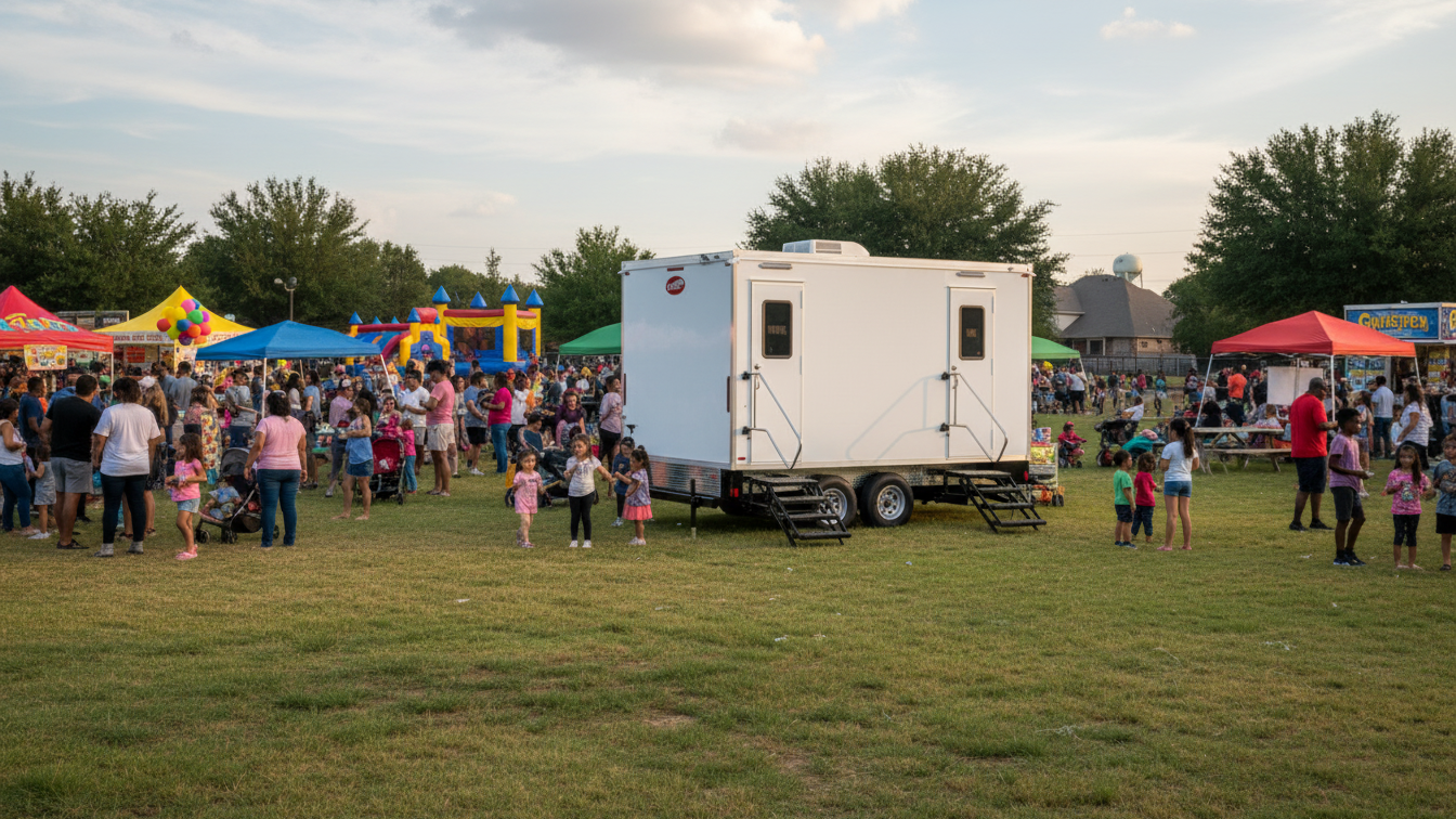 Outdoor evening social gathering with string lights, groups of people talking, and a white food trailer on a grassy area with trees in the background.