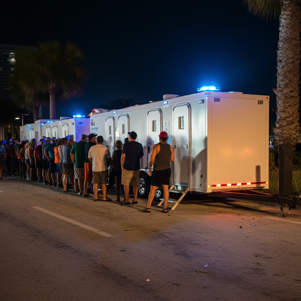 A mobile restroom trailer with an accessible ramp, parked on a street with trees, and a worker in a reflective vest nearby.