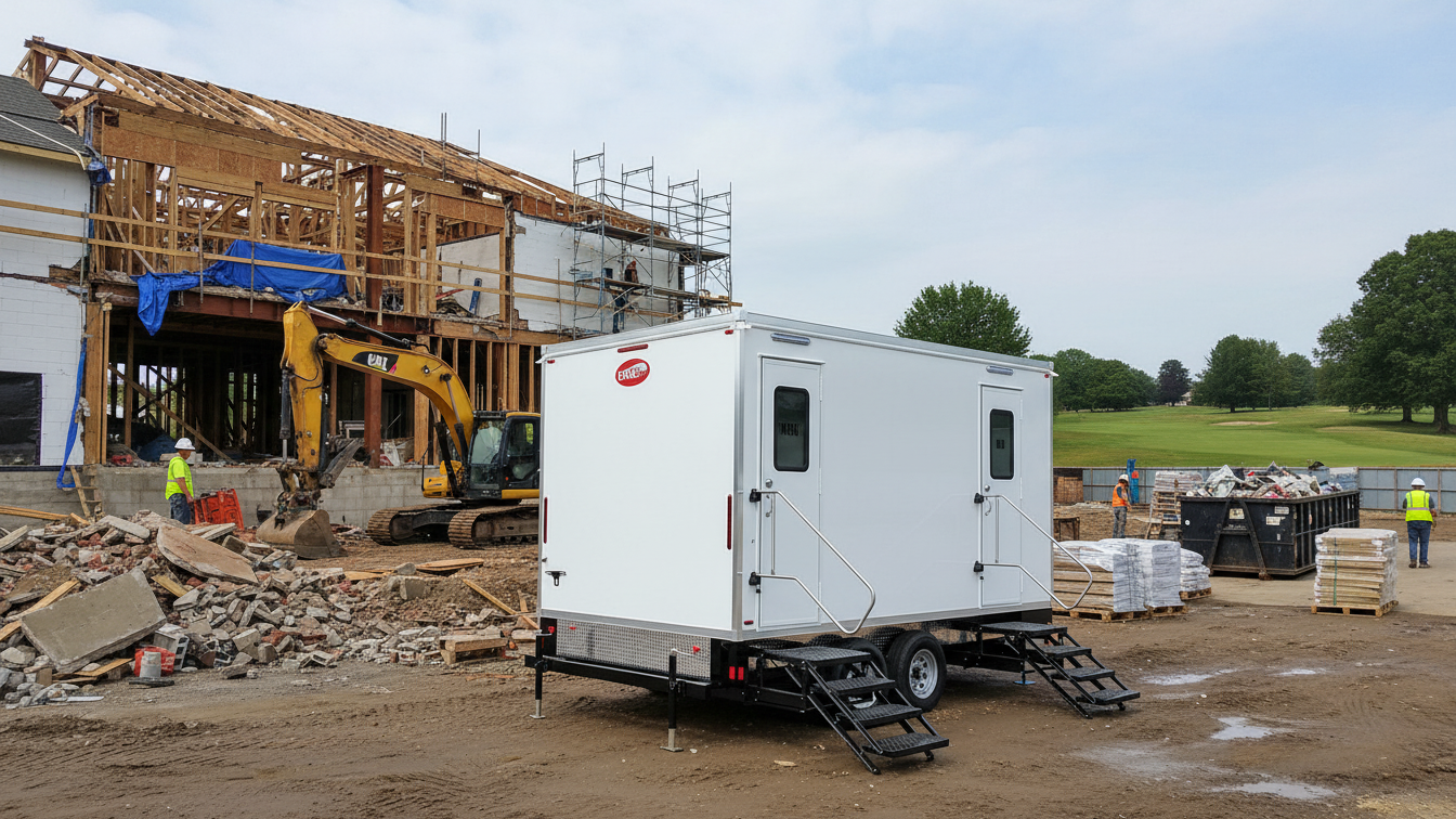Construction site with scaffolding, workers, and portable restroom trailers.