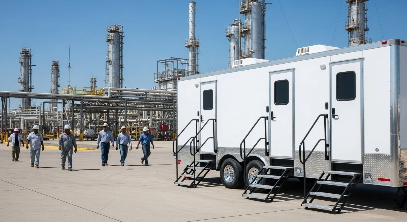 Six workers wearing hard hats walk near a white mobile office trailer on an industrial site with pipes and tanks in the background.