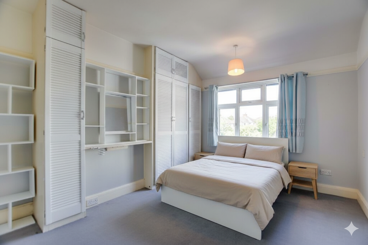 A bedroom with a bed, two nightstands, windows with curtains, built-in wardrobes, and a ceiling light.
