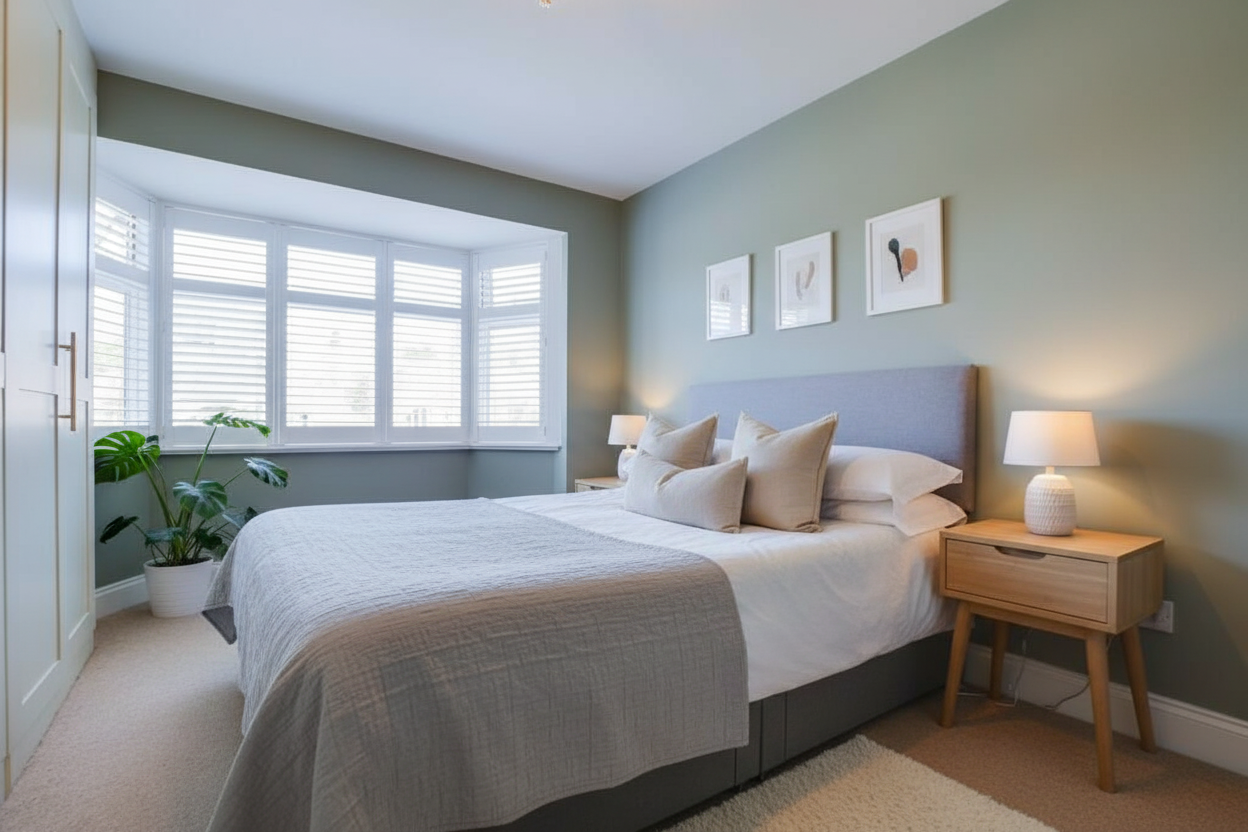A bedroom with a large bed, pillows, a nightstand with a lamp, and artwork above the headboard.