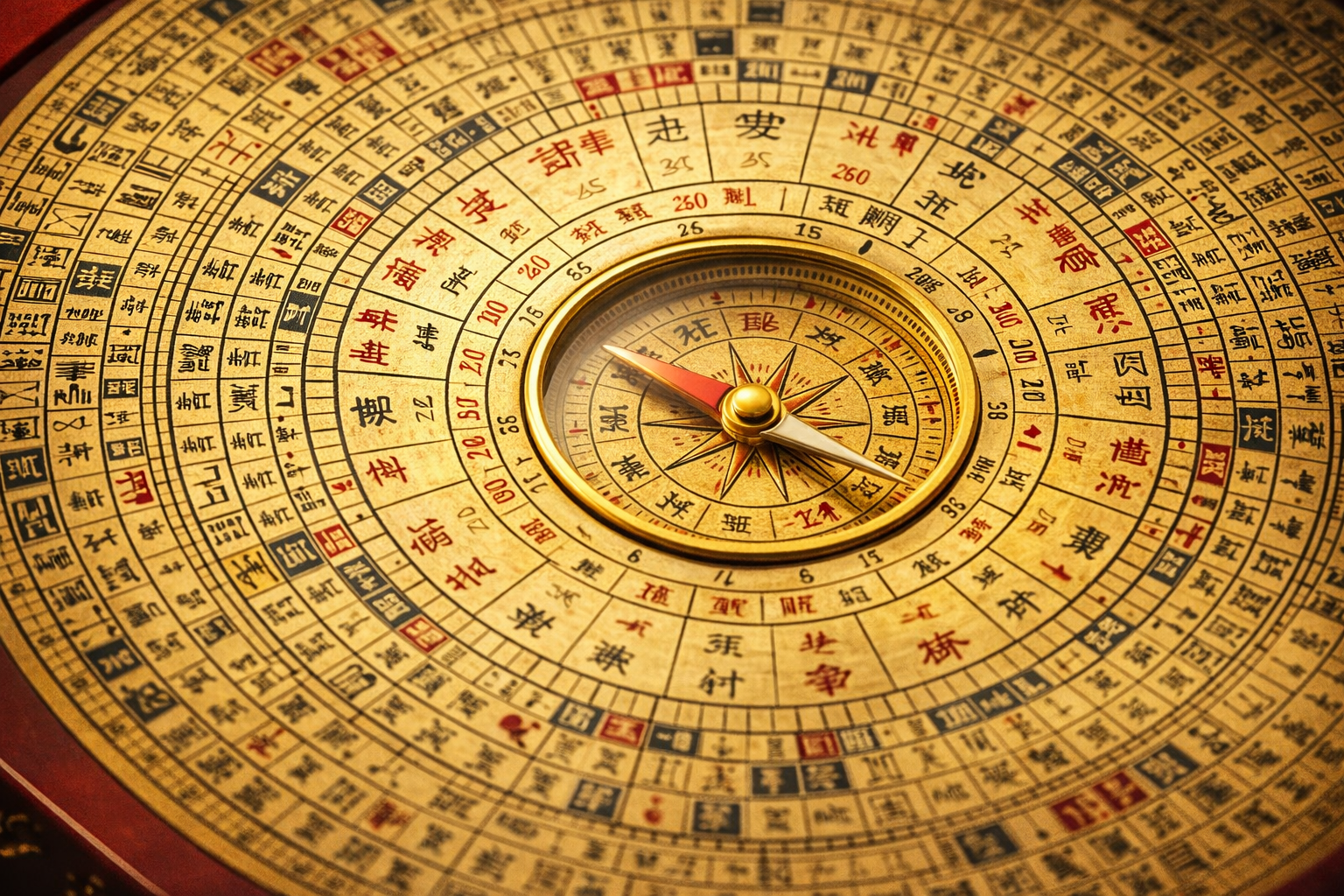A traditional Chinese compass with a gold-colored face, intricate patterns, and Chinese characters, featuring a red-tipped needle pointing toward directions.