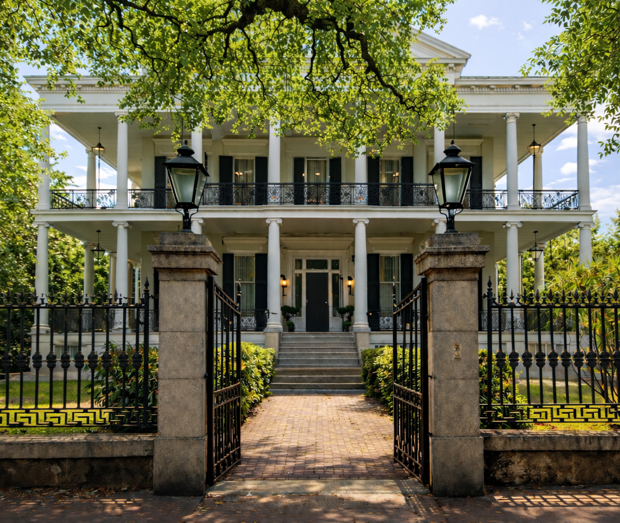 Front view of a large, white, multi-story mansion with columns, black shutters, and a wrap-around porch, viewed through a black wrought-iron gate with stone pillars and two lanterns.