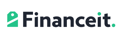 Financeit logo with green and dark blue text and icon on a black background.