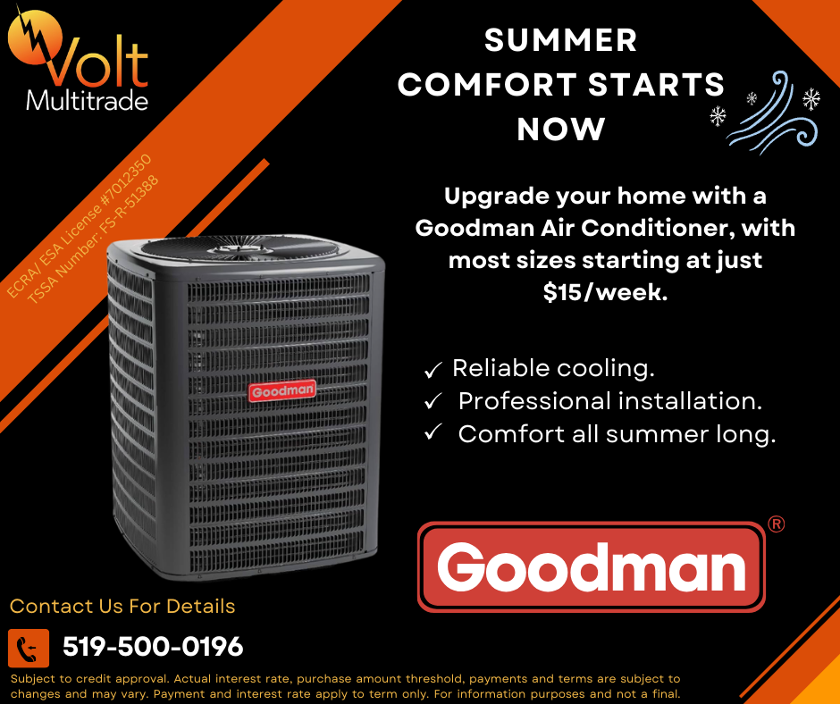 Advertisement for Goodman air conditioners featuring a large outdoor unit with text promoting summer comfort, professional installation, and pricing starting at $15 per week. Contains the Volt Multitrade logo, contact phone number, and company details.