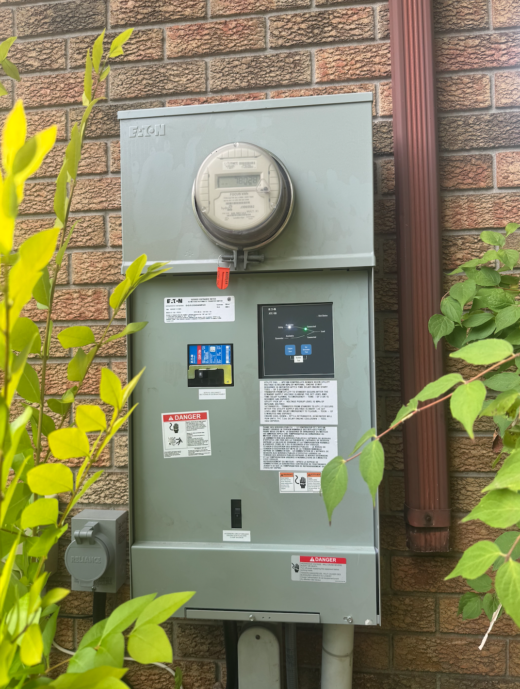 Electrical utility meter and panel mounted on a brick wall with green plants in the foreground.