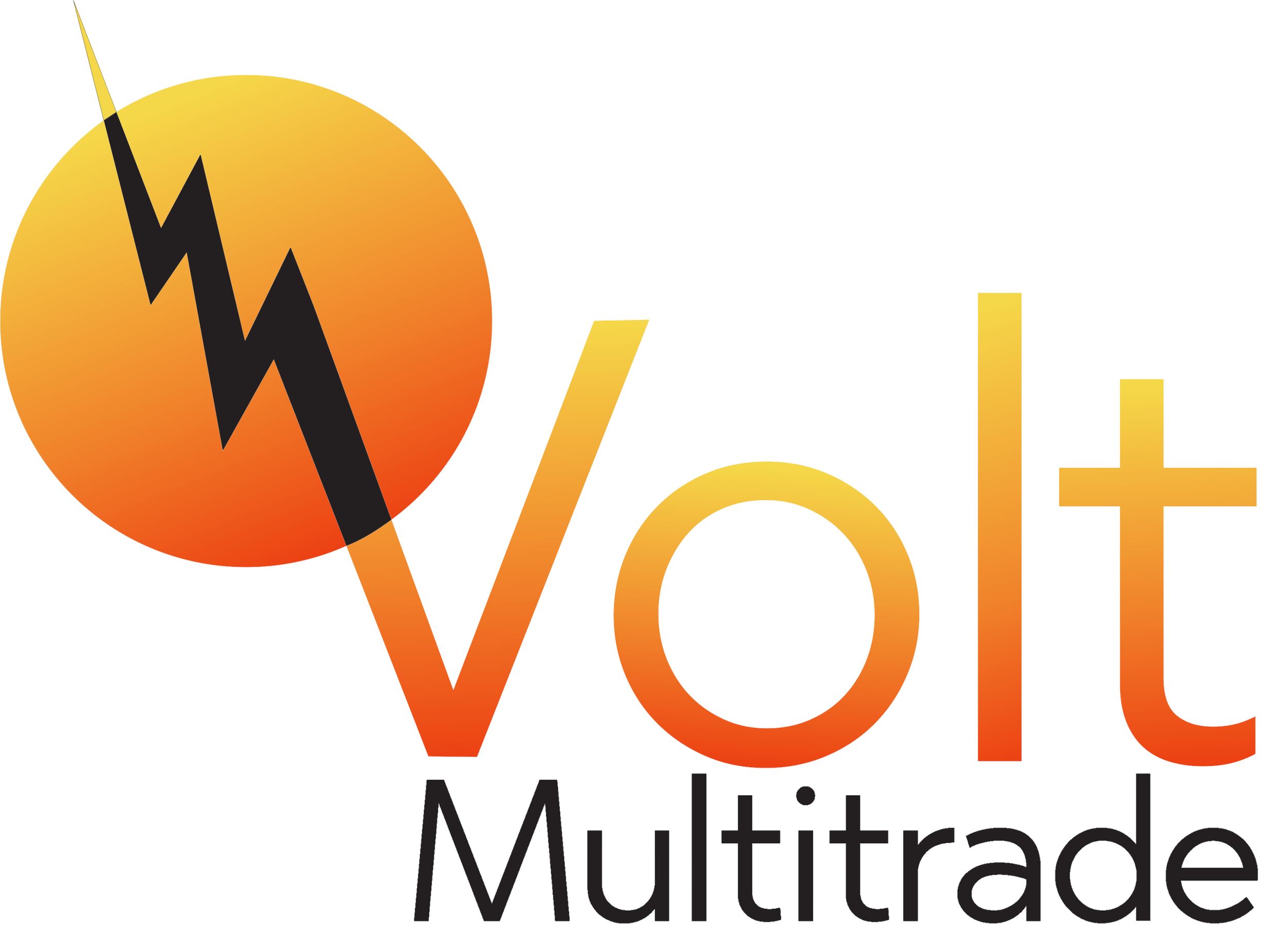 Logo with an orange circle and a black lightning bolt, the word 'Volt' in gradient orange letters and 'Multitrade' in black beneath.