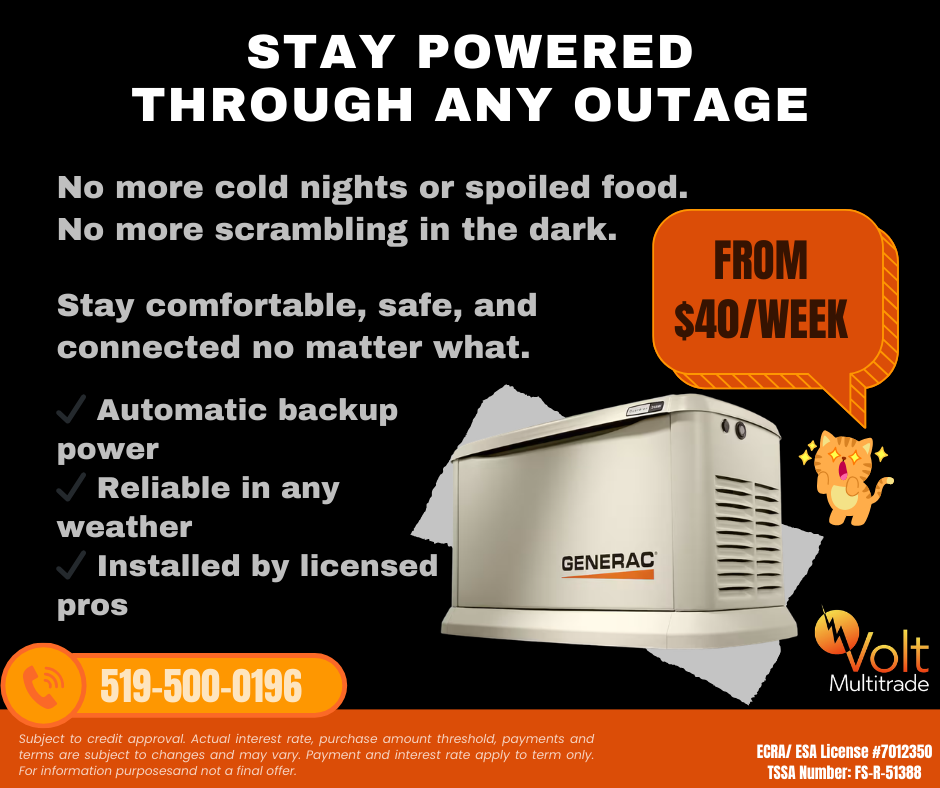 Advertisement for a generator priced from $40 per week. Highlights include automatic backup power, weather reliability, professional installation, and cost details. Contact phone number 519-500-0196, Volt Multitrade branding, and licensing information.