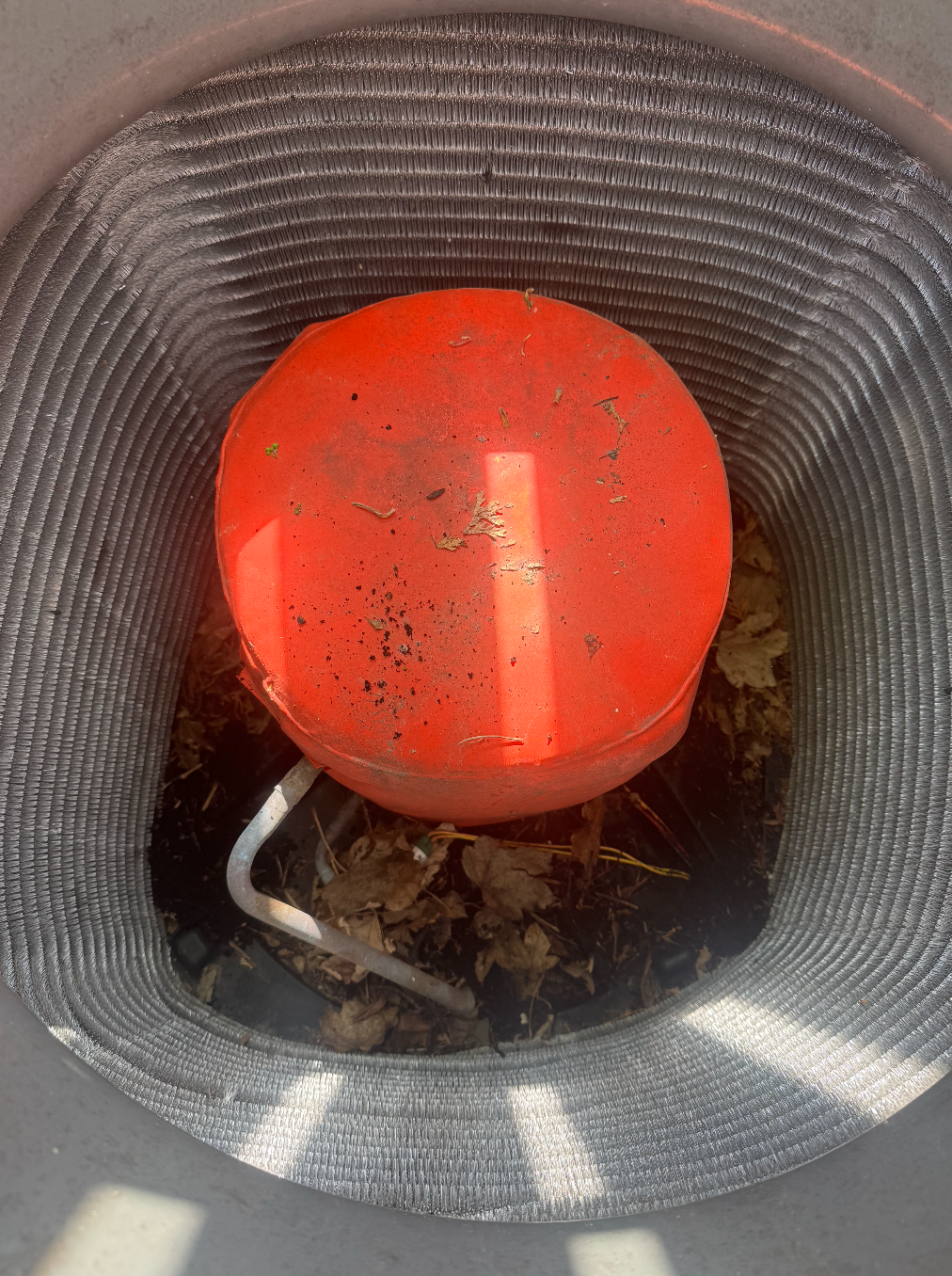 A red fuel tank inside a metal container, surrounded by dried leaves and debris.