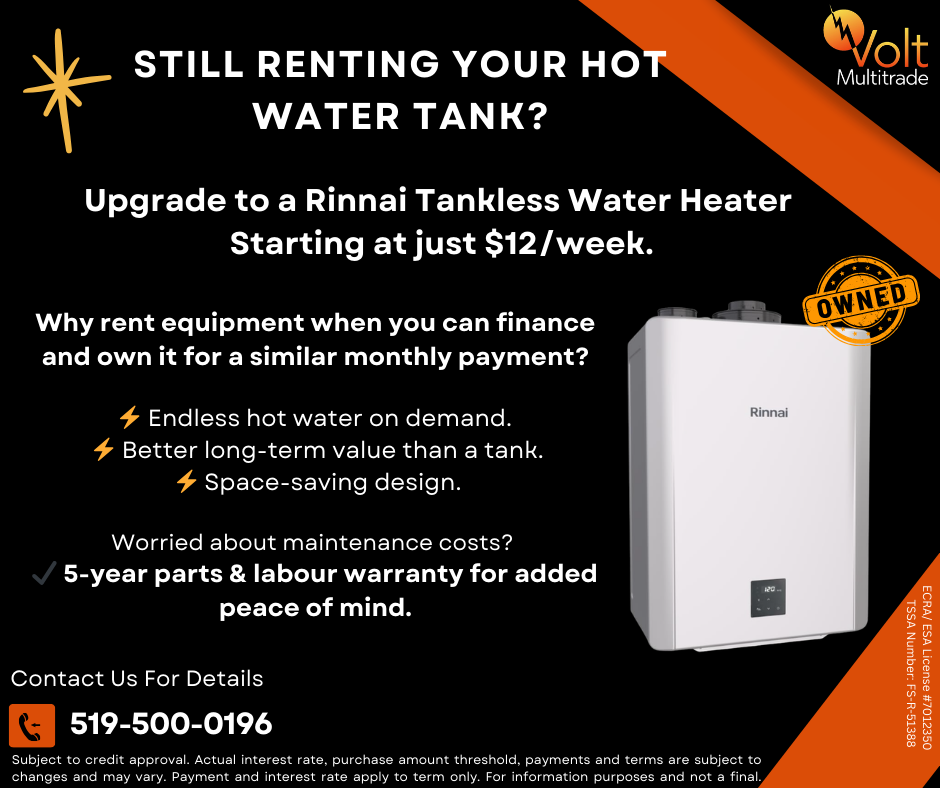 Advertisement for upgrading to a Rinnai tankless water heater, featuring a white water heater unit with a digital display, bold text promoting ownership benefits, and a contact number for inquiries.