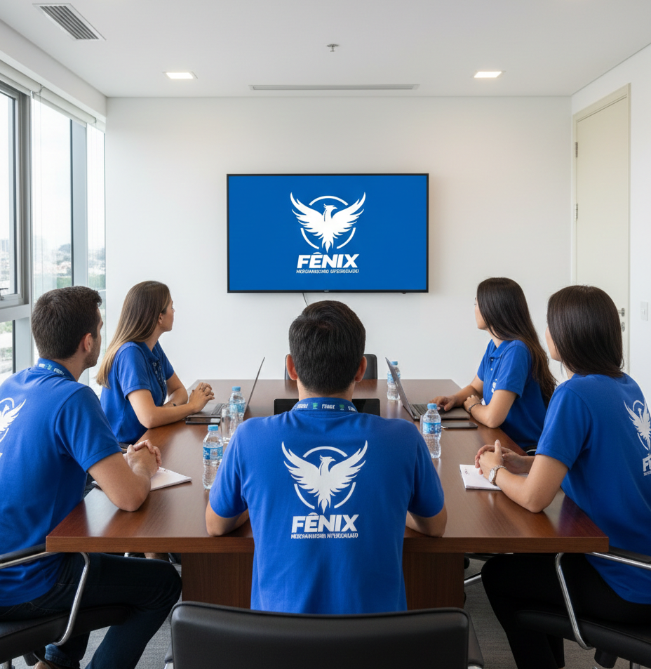 Seis pessoas em uma sala de reunião, todas usando camisetas azuis com o logo e o nome 'Fênix', assistindo a uma tela de computador com o logotipo da marca, em uma sala de escritório com janelas e luz natural.