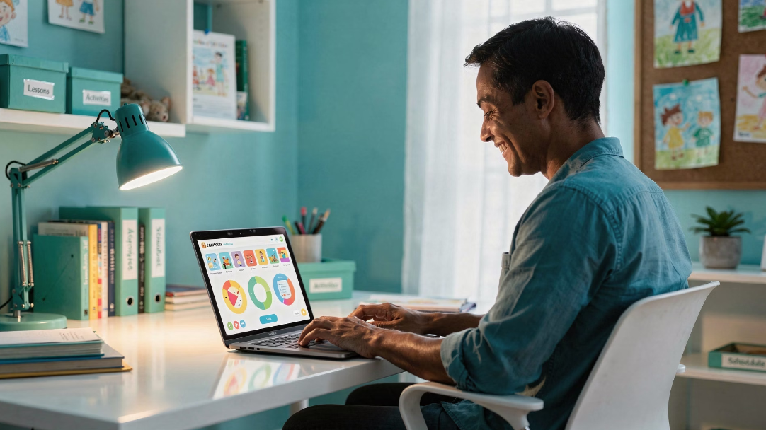 A person using a laptop at a desk in a room decorated with children's artwork and educational materials.