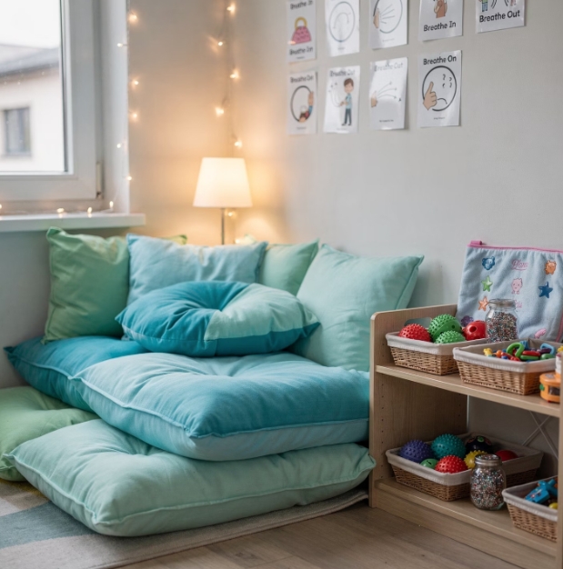 A cozy corner with pastel green and blue cushions stacked near a window, with a lamp and fairy lights on the wall. A small wooden shelf holds baskets with colorful toys and craft supplies, and instructional posters about breathing exercises are on the wall.