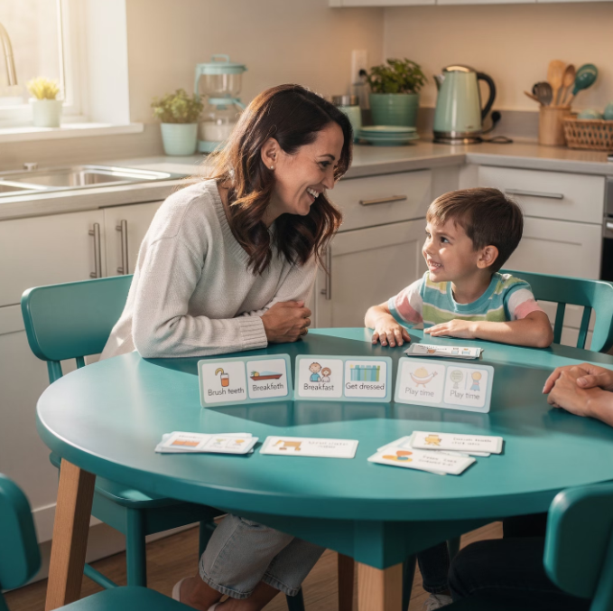 A woman and a boy sitting at a teal dining table in a kitchen, playing an educational card game about daily routines.