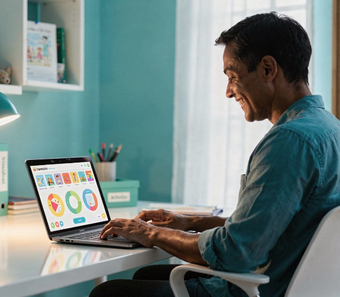 A man sitting at a desk using a laptop with educational apps on the screen, in a well-lit room.