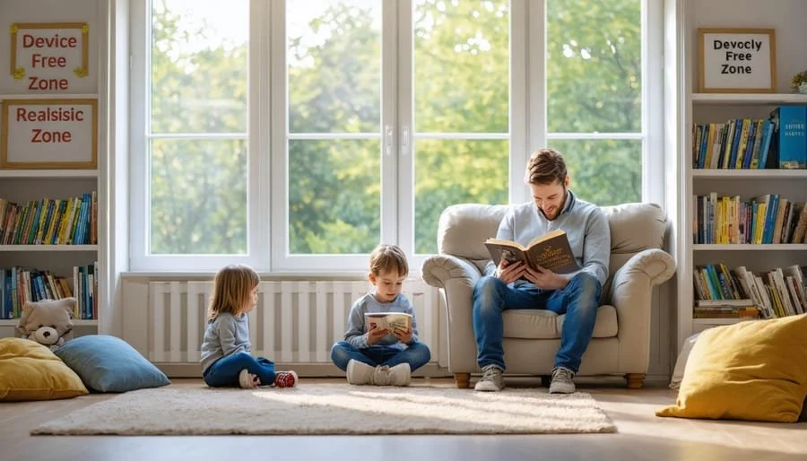 A man and two children reading books in a bright living room with large windows, bookshelves, and decorative pillows.
