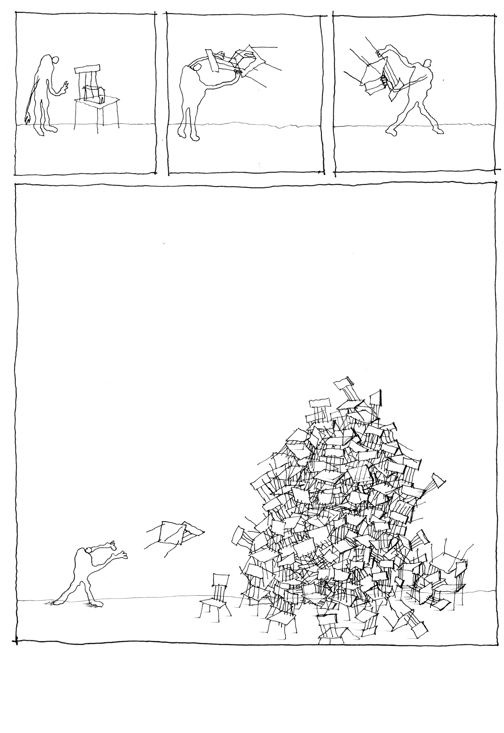 Un homme jette une chaise vers un tas de chaises en désordre. En haut, il y a trois étapes illustrant la chute progressive de la chaise, avec un fond blanc et des dessins au trait noir.