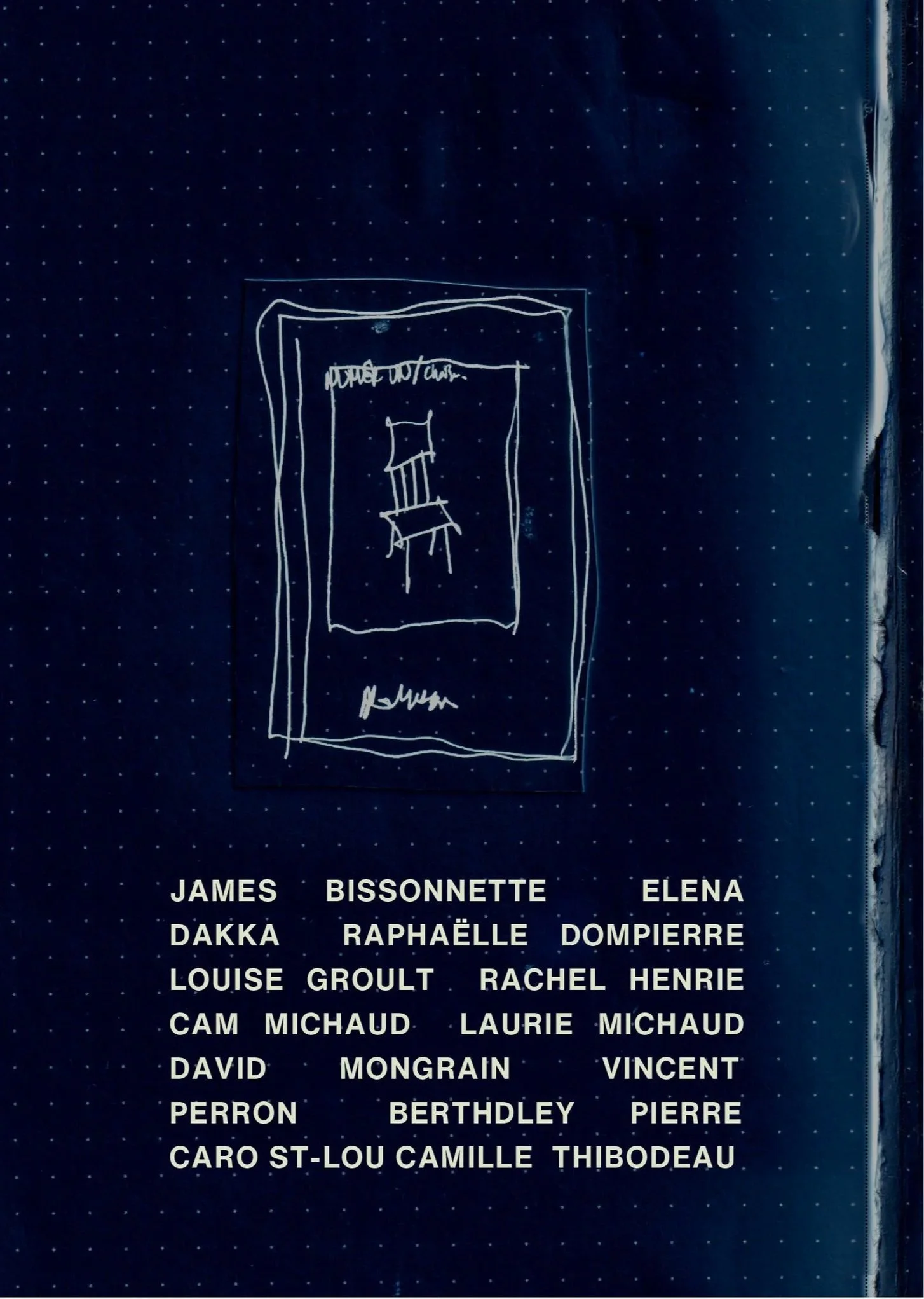 Page avec une illustration dessinée à la main avec un fauteuil et le texte 'porte ou chais', et une liste de noms en bas de la page.