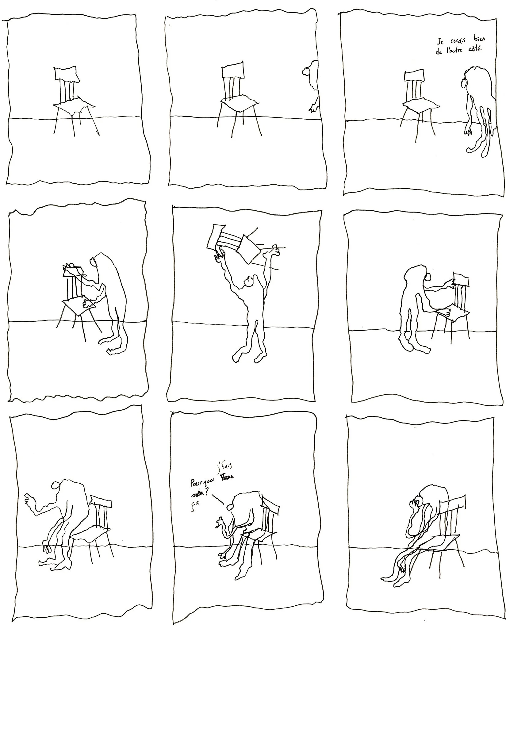 Une bande dessinée en huit cases montrant un personnage qui veut faire une photo d'une chaise. Il essaie différentes positions, se penche, renverse la chaise, demandant si cela marche, puis se lâche en se plaignant. La dernière case montre le personnage assis, tête entre les mains, visiblement déçu.