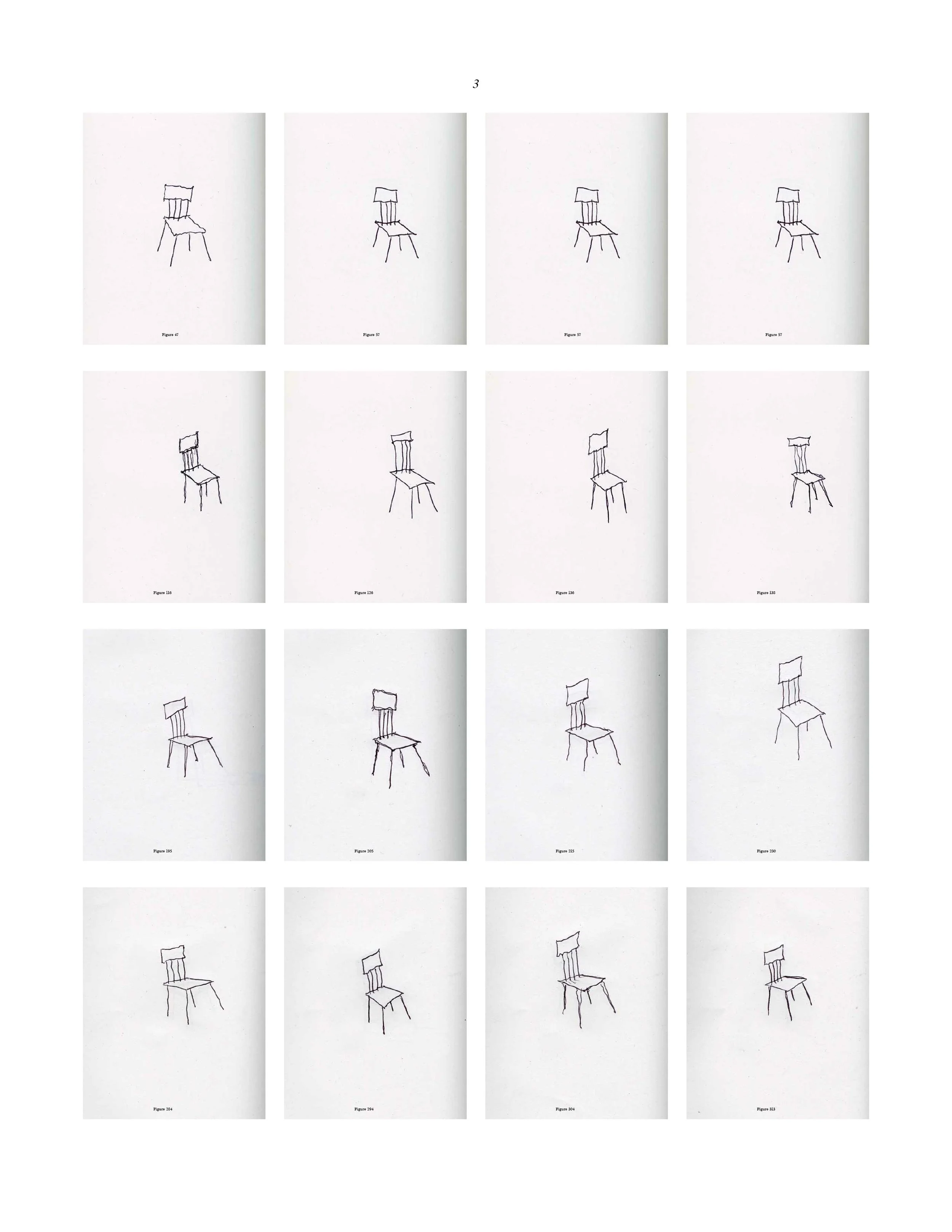 Une grille de dessins d'une chaise en ligne, chaque dessin étant différent en angle ou en détail.