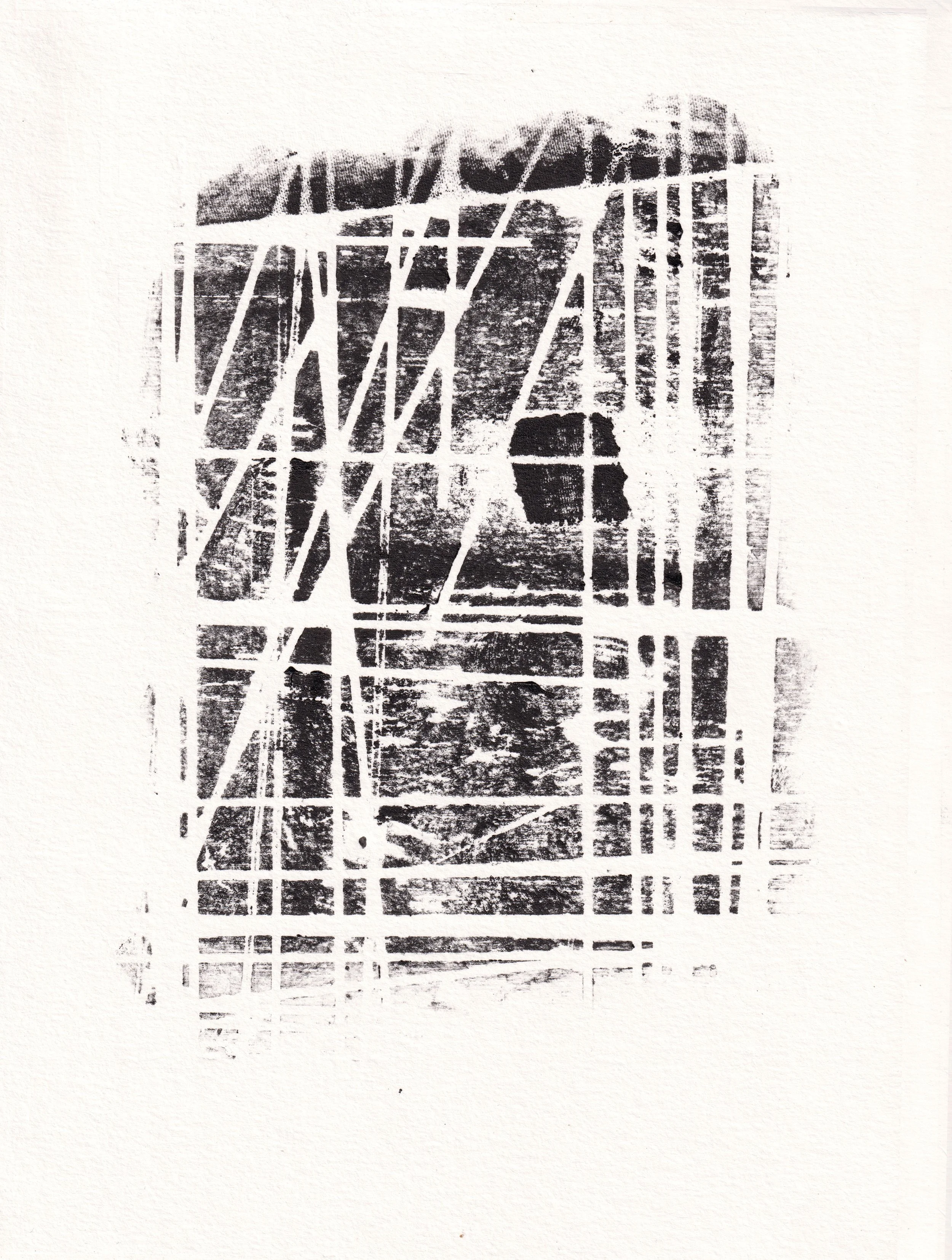 Une œuvre d'art abstraite en noir et blanc avec des lignes diagonales et horizontales croisées, ressemblant à une gravure ou une impression.