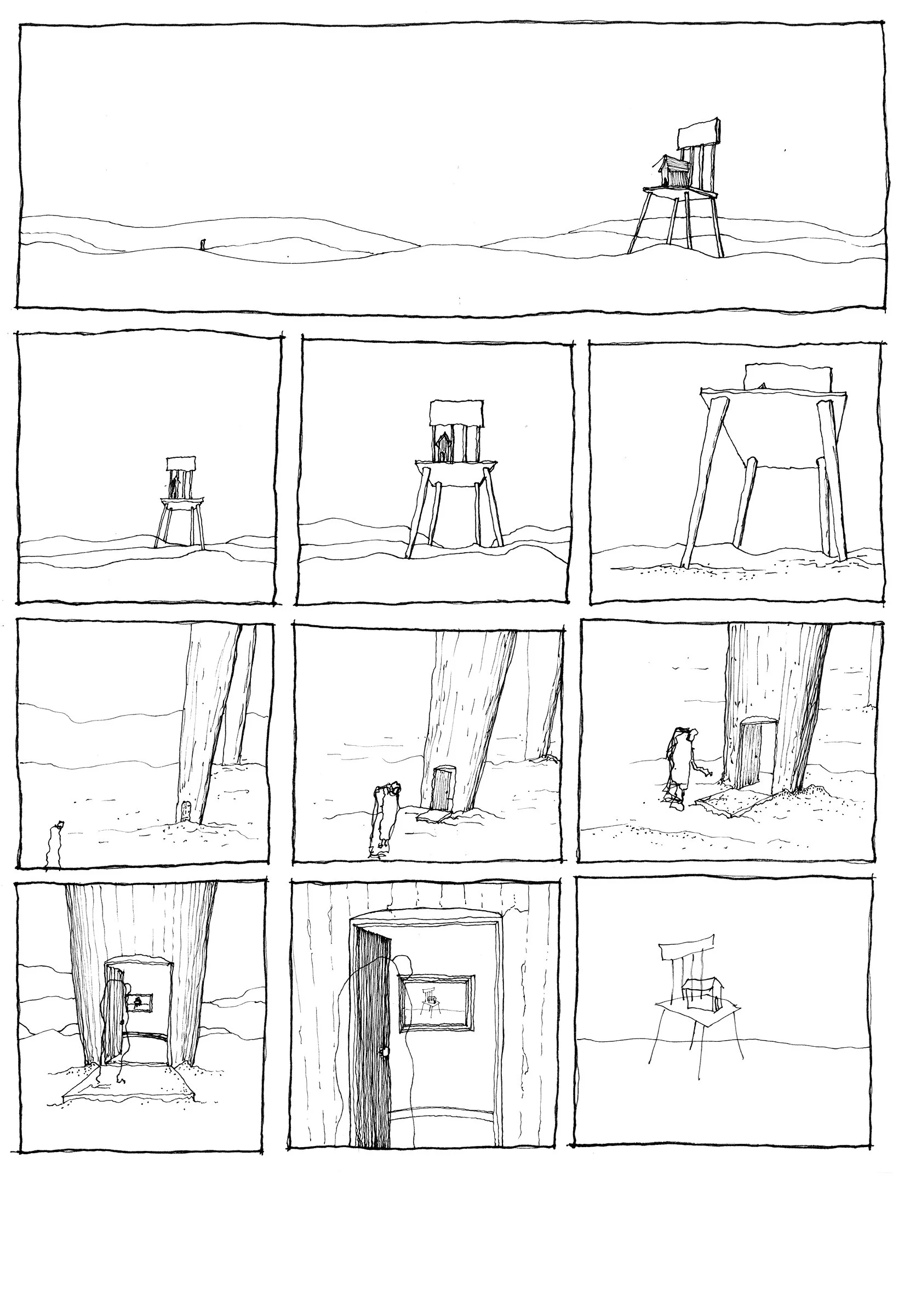 Une bande dessinée en noir et blanc montrant la construction d'une cabane en bois, étape par étape.