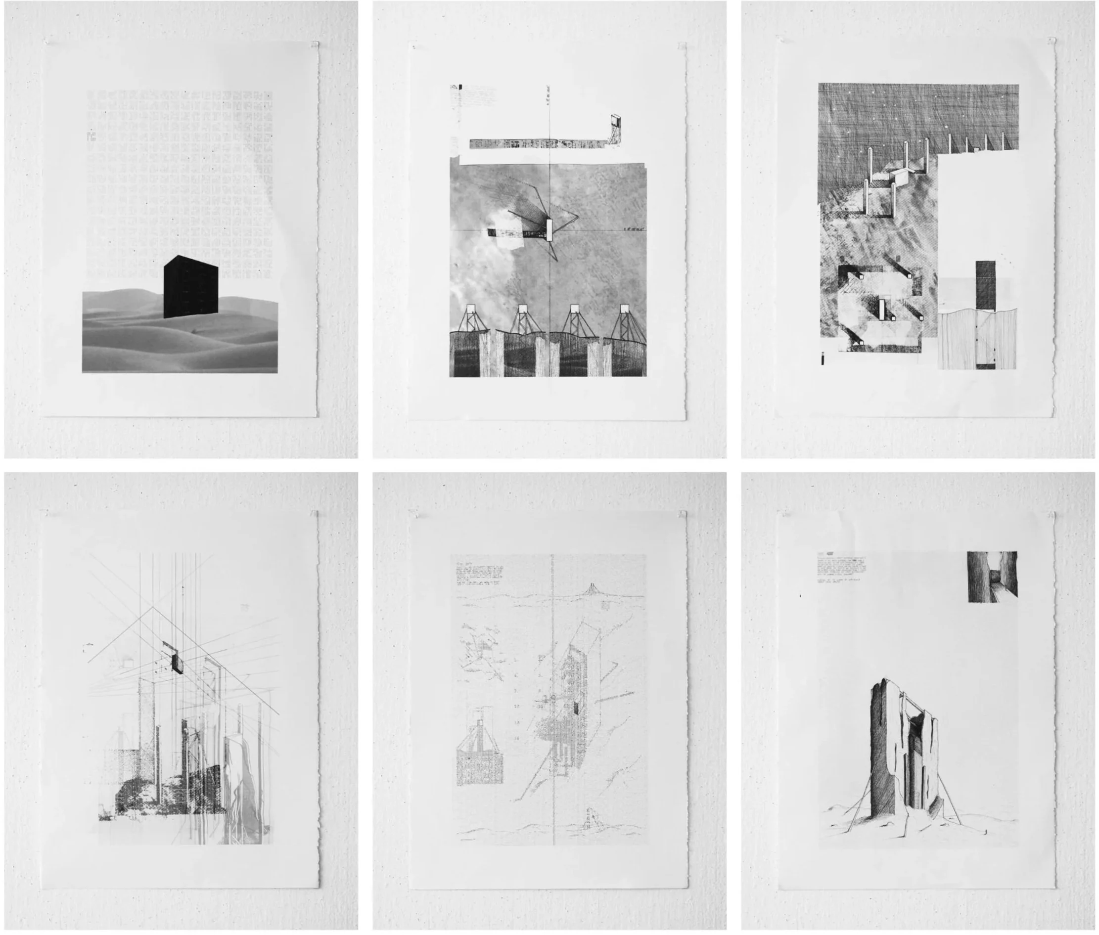 Six croquis d'architecture ou d'art graphique, chacun avec différentes compositions et styles, disposés en deux rangées de trois.