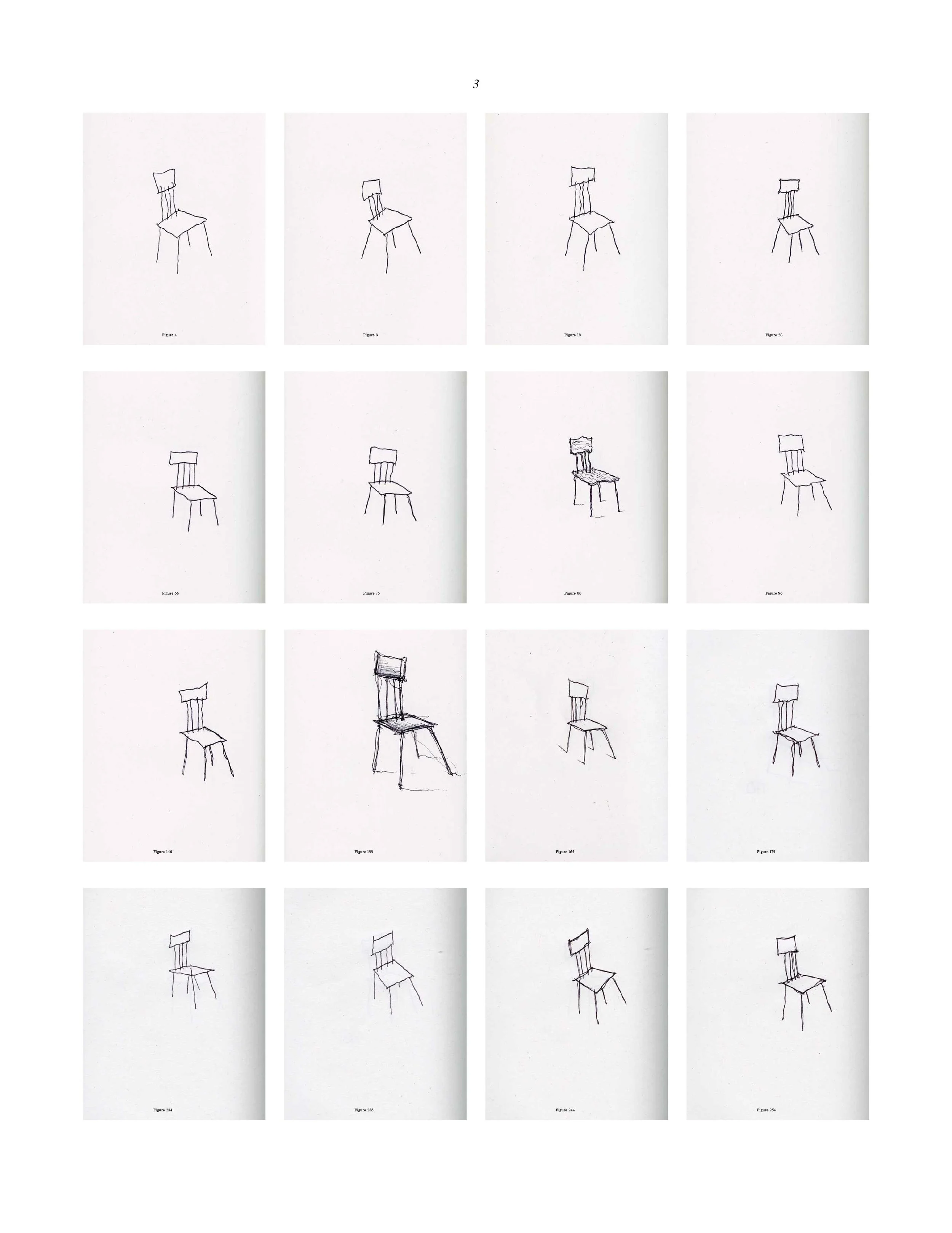 Une série de croquis d'une chaise dessinée à la main, représentant différentes perspectives et détails.