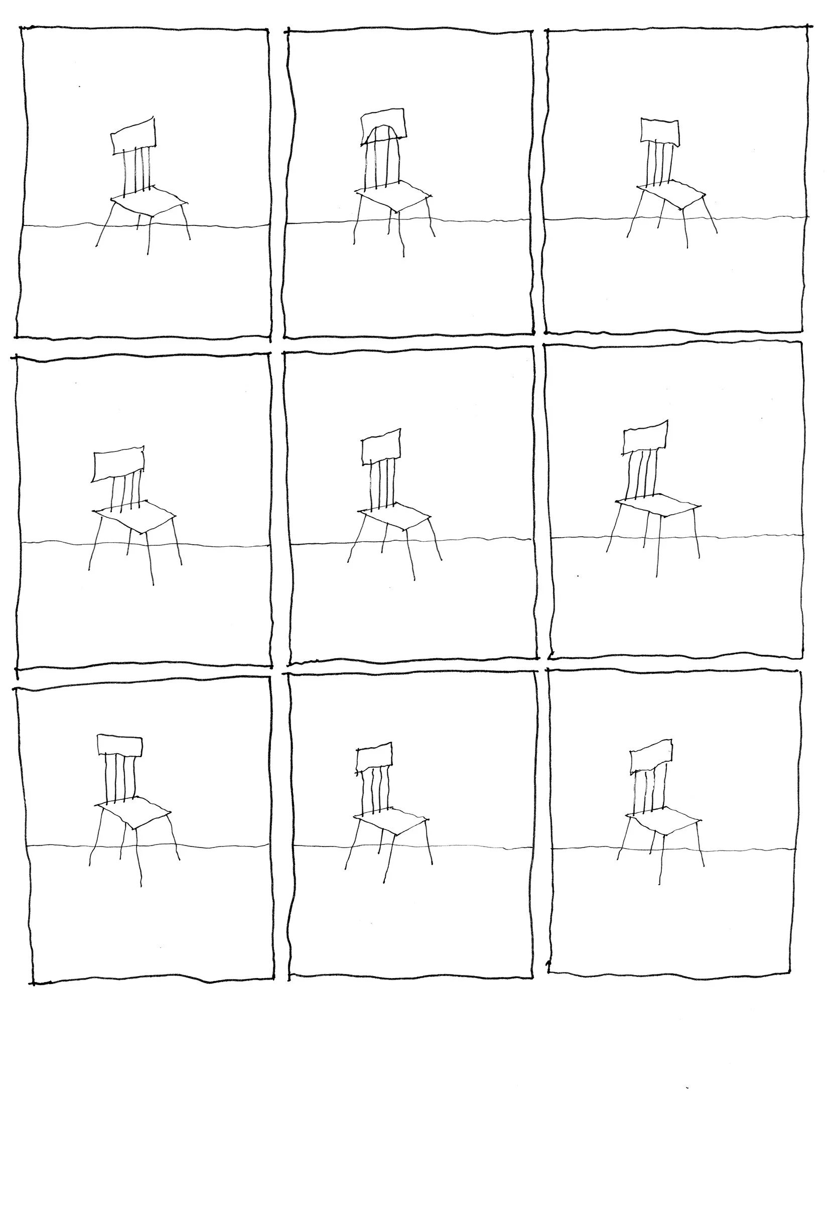 Une grille de neuf dessins de chaises simples, à la craie ou au crayon, en perspective, disposés en trois rangées et trois colonnes, chaque chaise étant légèrement différente des autres.