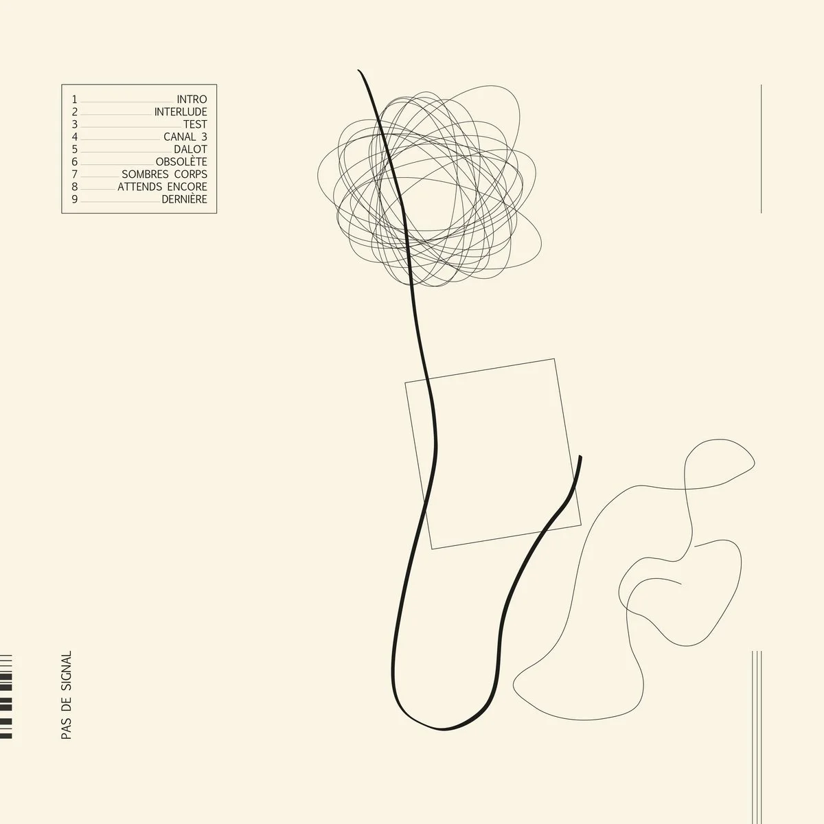 Une image abstraite avec un fond beige clair, un graphique représentant un fil qui forme une boucle en haut et une courbe ondulée en bas, des formes géométriques telles qu'un carré et une ligne en ligne fine, et une légende avec un tableau de neuf éléments en français.