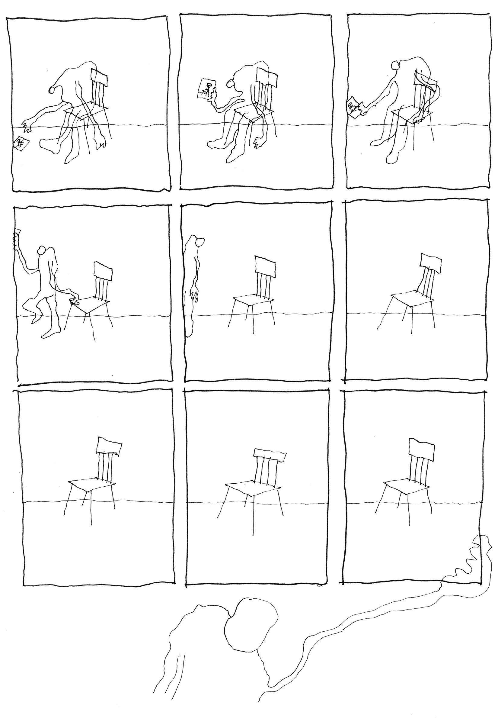 Une bande dessinée en 12 cases en noir et blanc montrant une personne assise sur une chaise, utilisant un ordinateur portable, puis se levant, laissant la chaise vide, le tout vu depuis un point de vue à hauteur de la personne, avec une ligne d'horizon visible et une map en bas à droite.