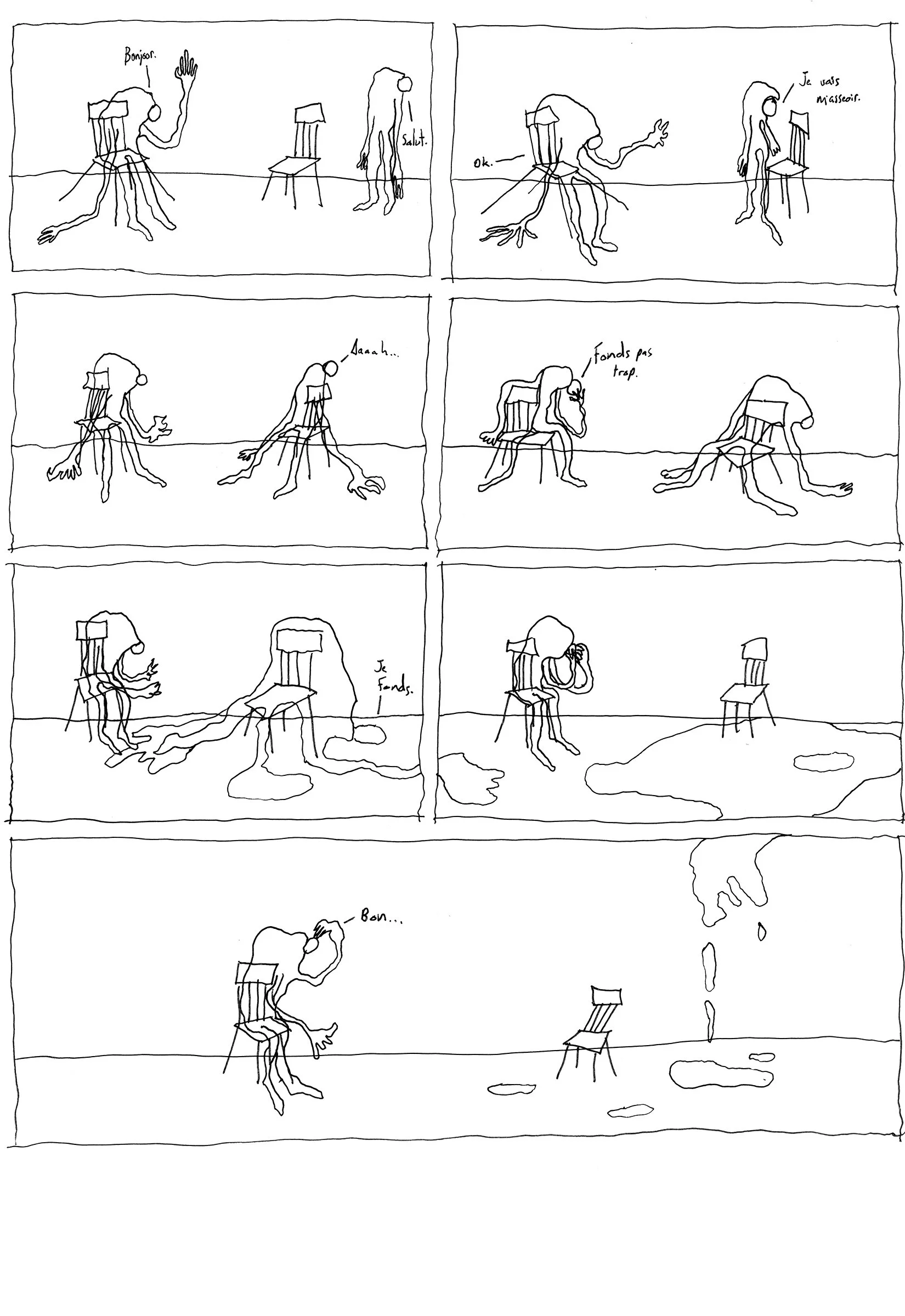 Une bande dessinée simple montrant une chaise et une créature humanoïde en forme de fauteuil. La créature animalise la chaise en lui parlant en français, puis elle joue avec elle et finit par s'en éloigner, laissant la chaise seule dans un espace indéfini.