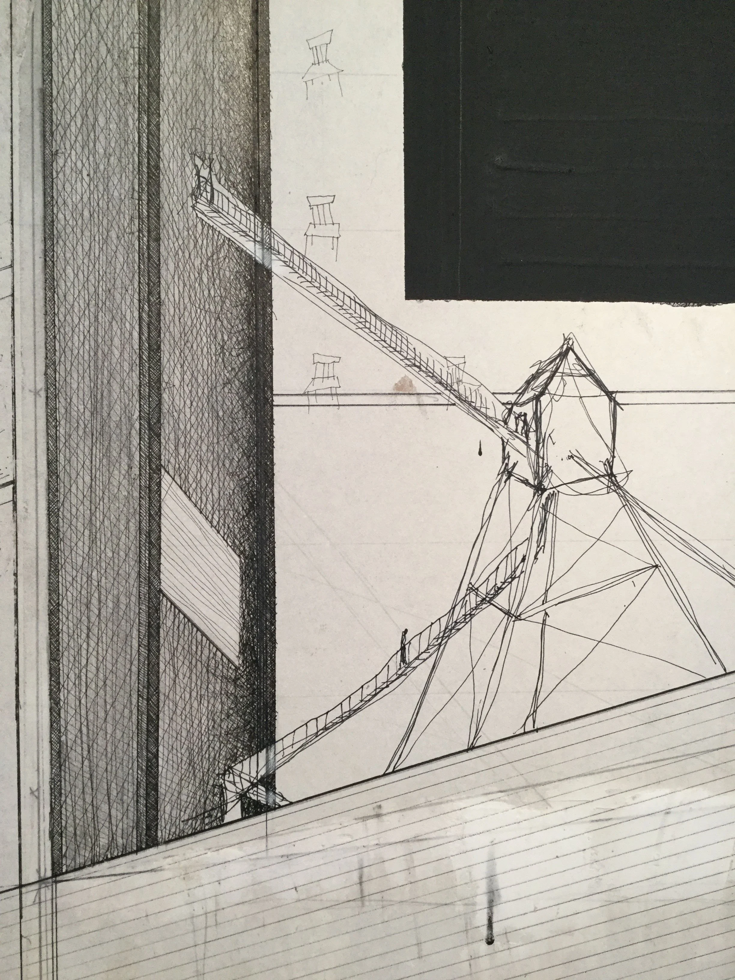 Dessin architectural d'une structure avec plateforme en ligne, grues, et bâtiments en arrière-plan.