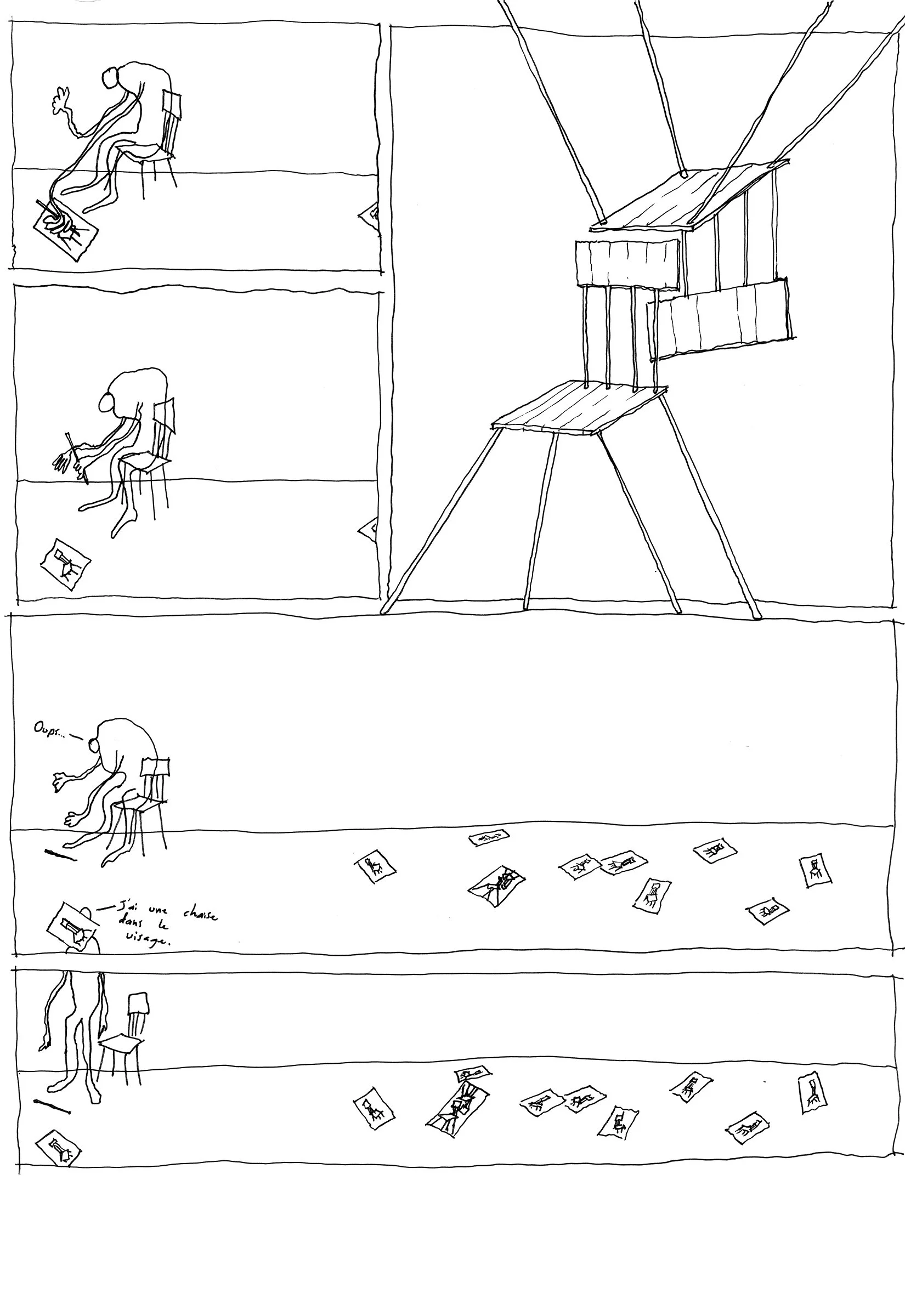 Un homme assis sur une chaise, dessine une image de photos dispersées au sol. Il exprime une surprise, disant "Oups" et "J'ai une chaise dans le village". La droite montre une structure en bois assemblée, probablement un atelier ou un espace de dessin.