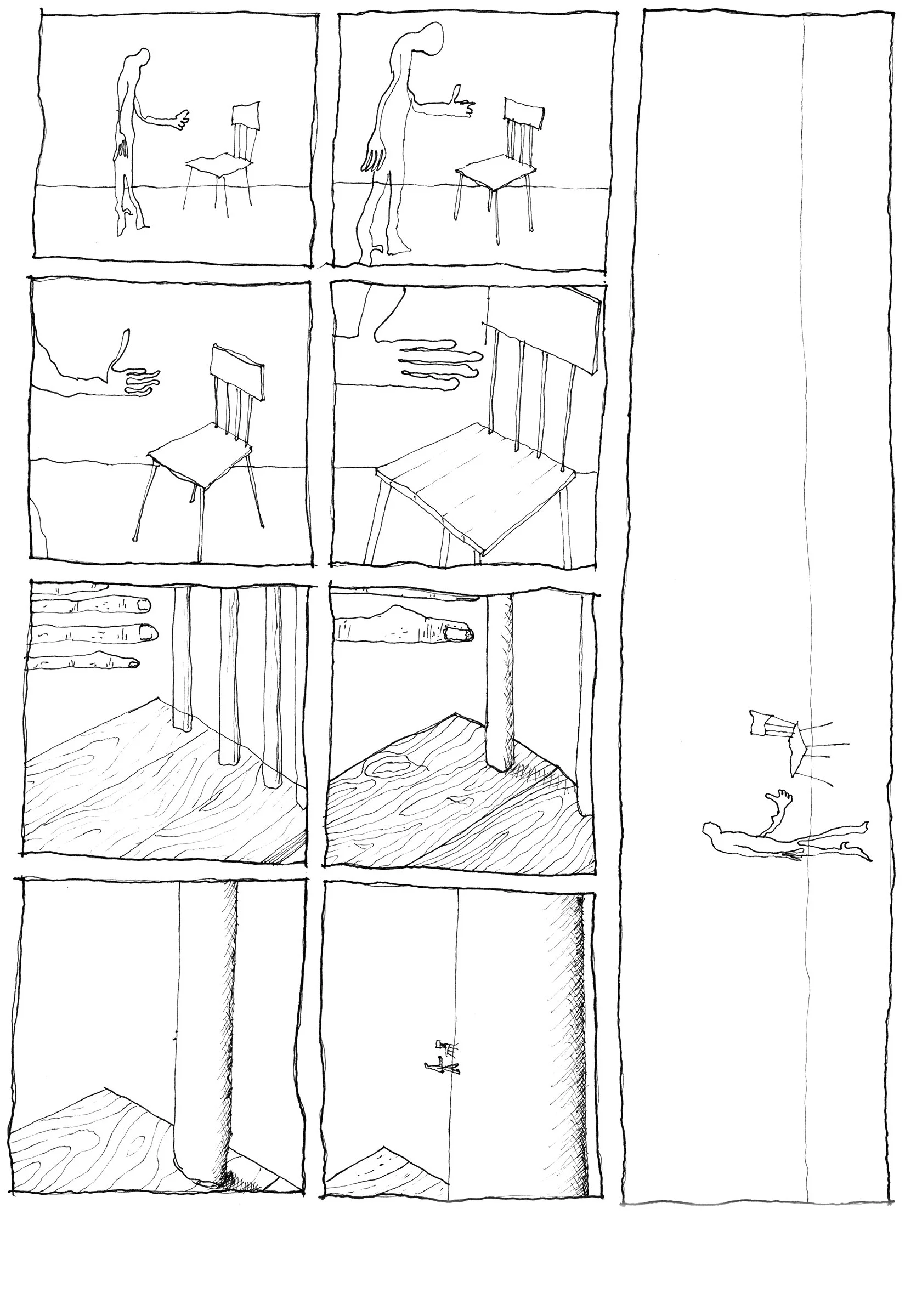 Une bande dessinée en noir et blanc montrant un processus de construction d'une chaise, étape par étape, puis la scène montrée vue d'un peu plus loin ou à une autre étape de construction.