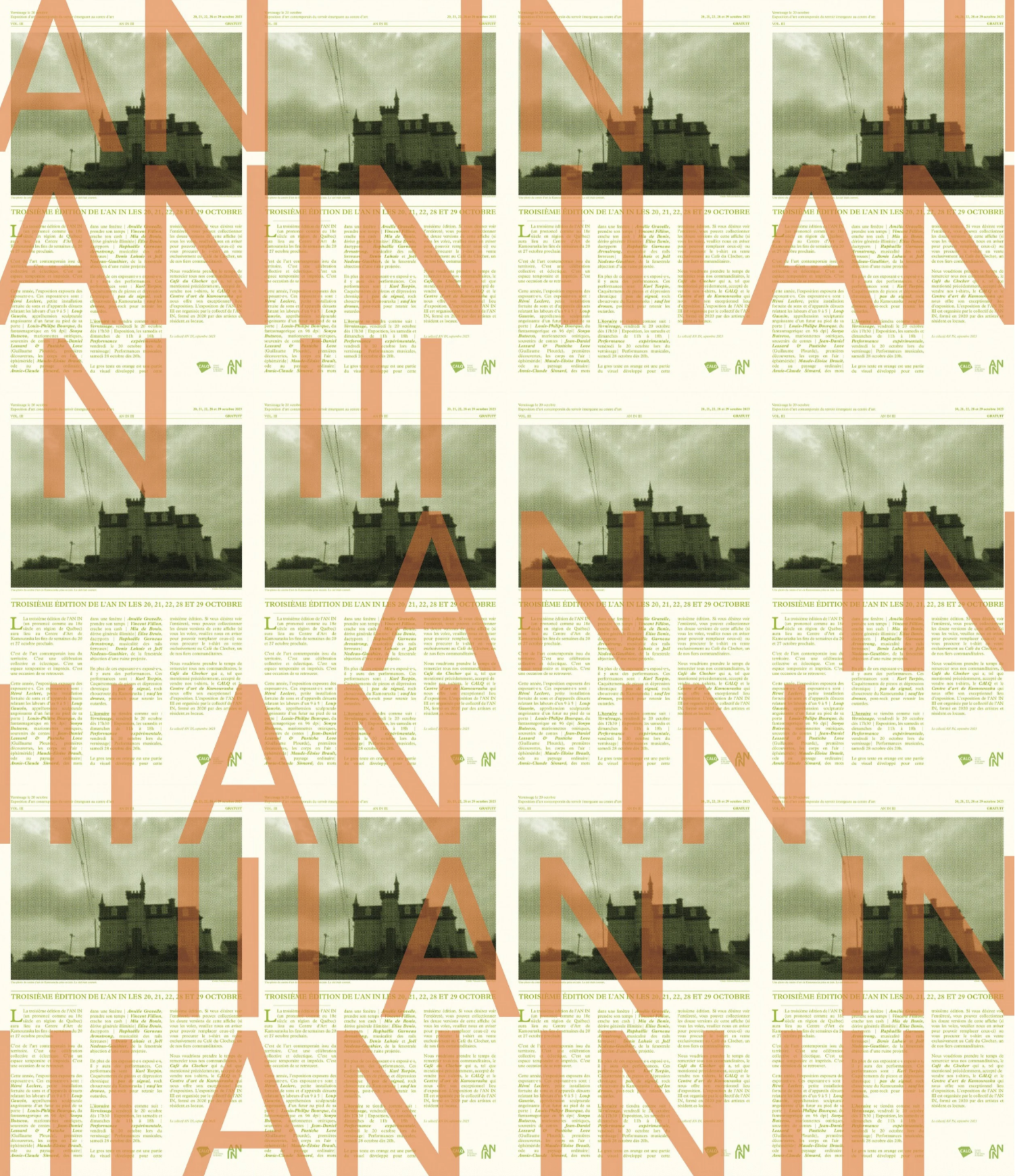 Page de journal avec un bâtiment en haut, texte en français, sur fond vert, superposé par le mot 'À N'FIN' en grand, en orange.