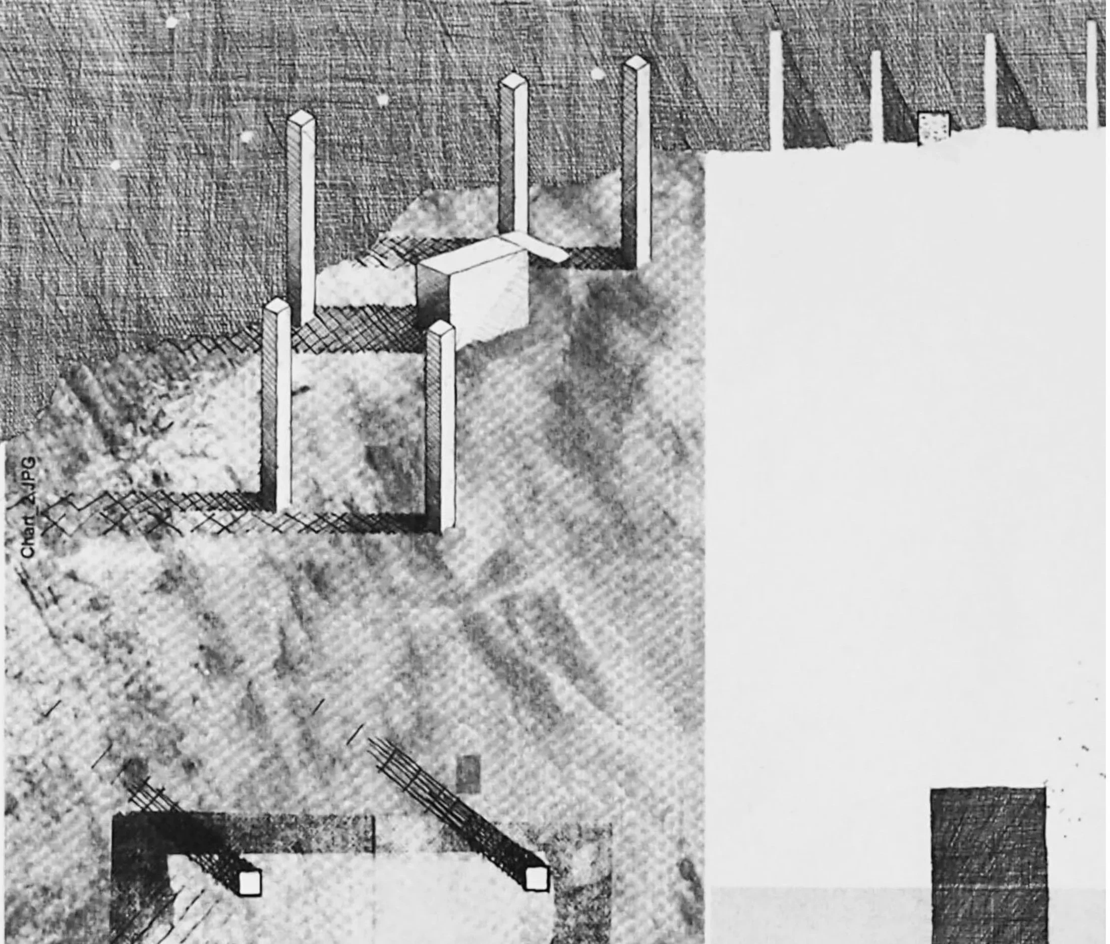 Plan d'une zone de construction avec des poteaux en bois, une clôture en grille, et un terrain en excavations.