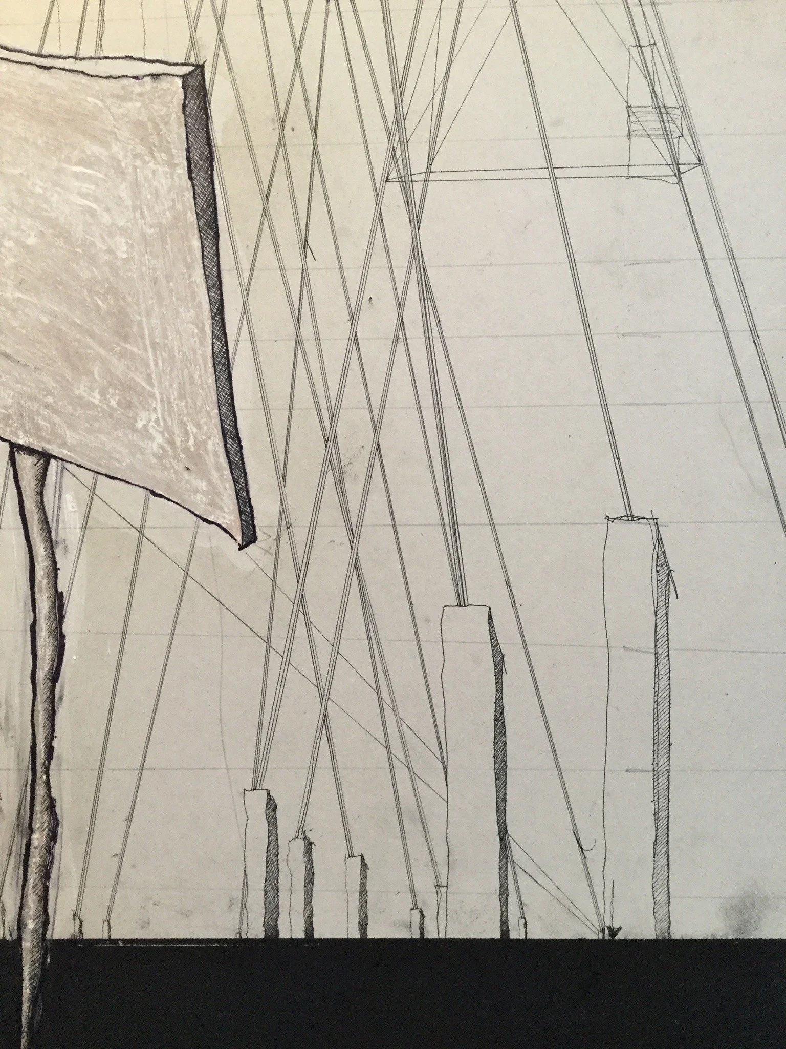 Dessin technique de structures, lignes droites, vérins ou poteaux, motifs géométriques.