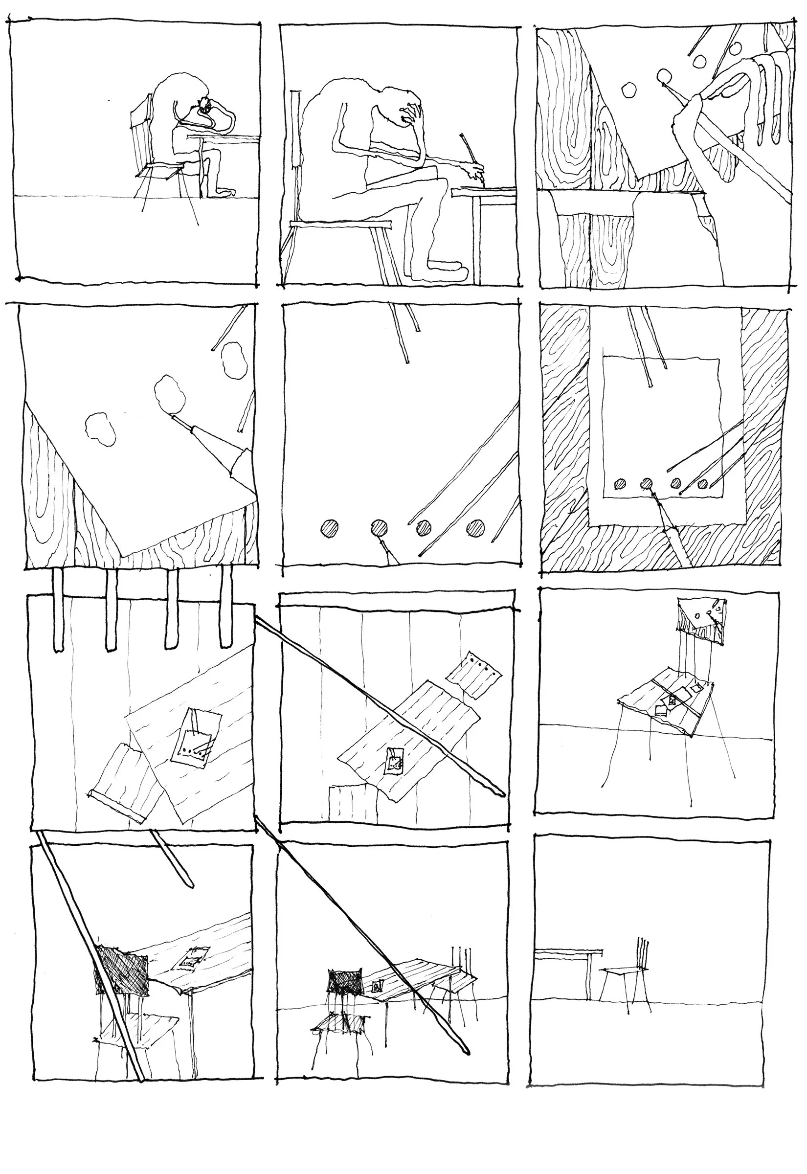 Une série de croquis de dessins préparatoires pour une œuvre artistique, montrant un personnage assis sur une chaise, en train de dessiner ou écrire, avec différentes perspectives et détails des objets et de la composition.