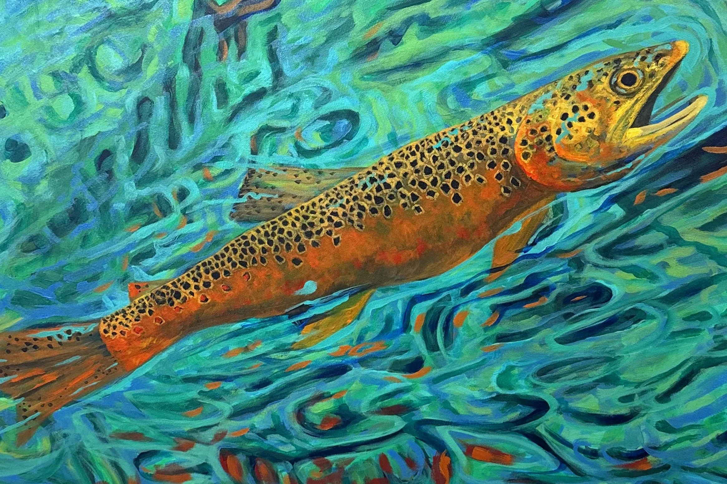 Colorful painting of a rainbow trout swimming in blue and green water.