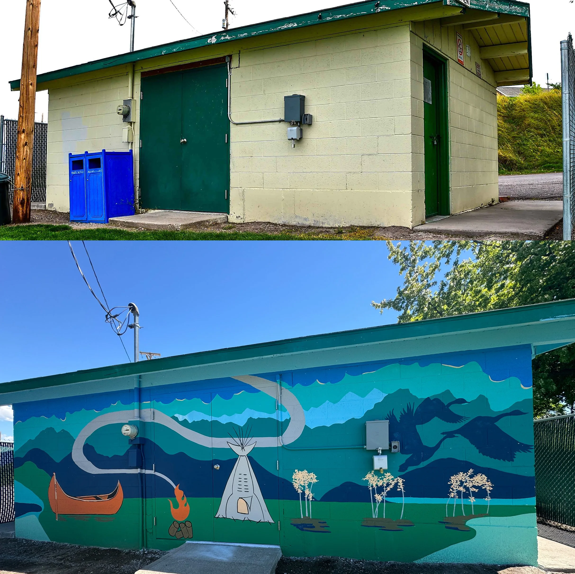 Top image shows a small beige building with a green door, green trim, utility boxes, and two blue trash bins outside. Bottom image shows a colorful mural on the side of a building depicting nature scenes with mountains, a canoe, a campfire, a tipi, a