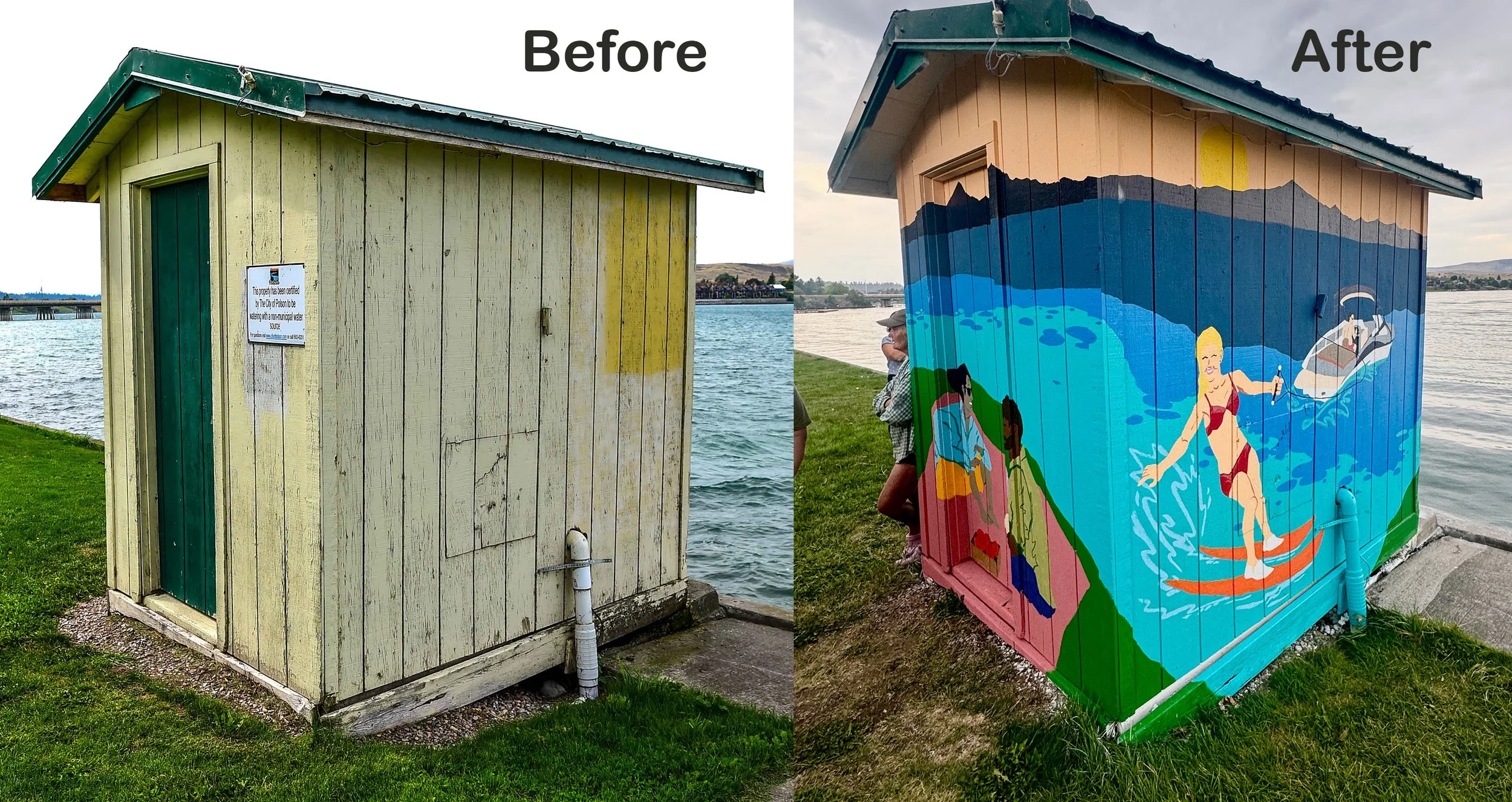Before and After of Penni Weyant's mural at Sacajawea Park