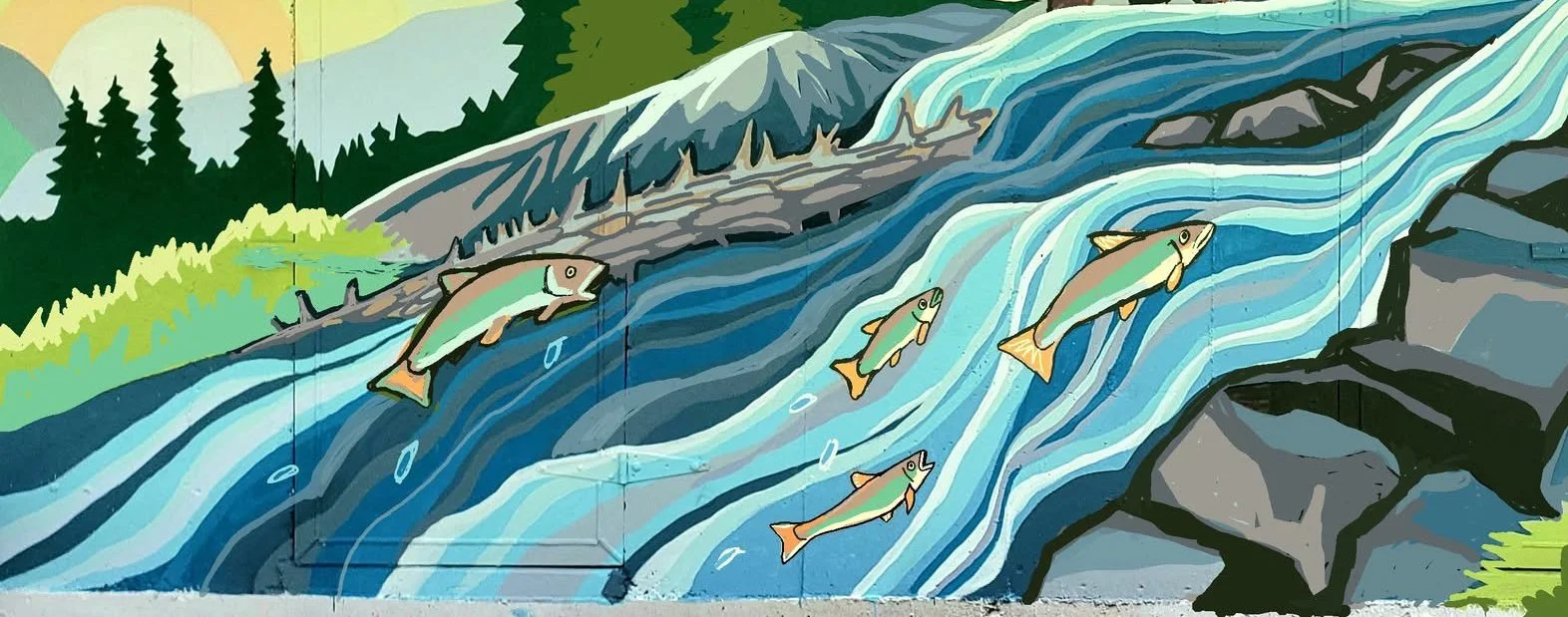 Colorful wall mural depicting fish swimming in a river with mountains, trees, and sunlight in the background.