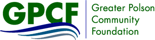 Logo of Greater Polson Community Foundation, featuring green and blue text and waves.
