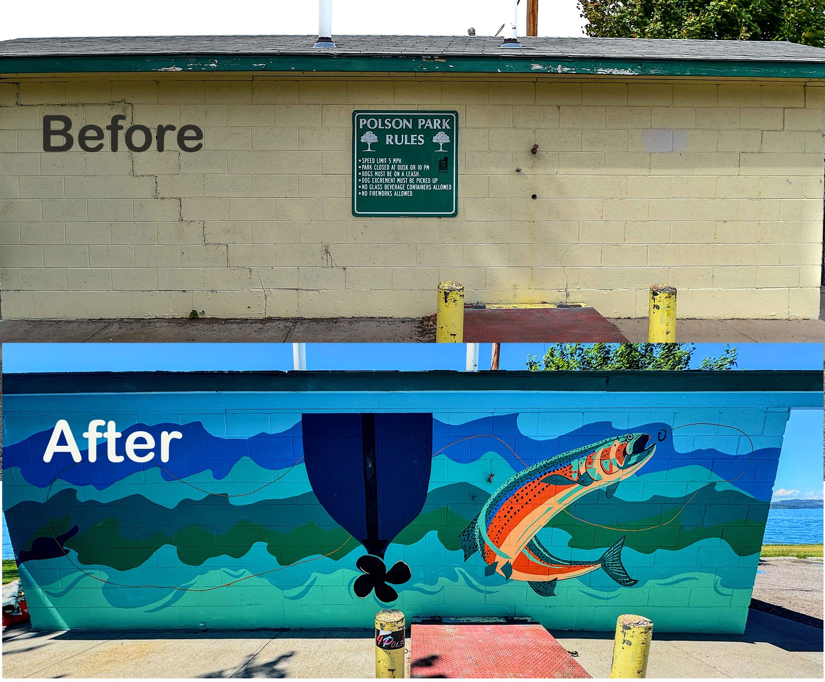 Before and After at Natalie Raffield's mural at Sacajawea Park