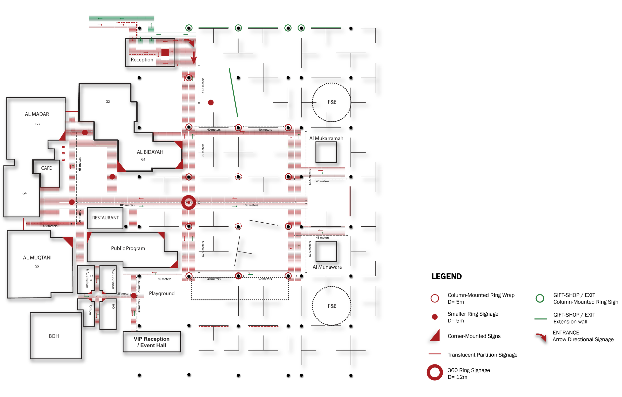 Integrated shading structures and column-mounted directional signage creating intuitive navigation through the Biennale grounds.