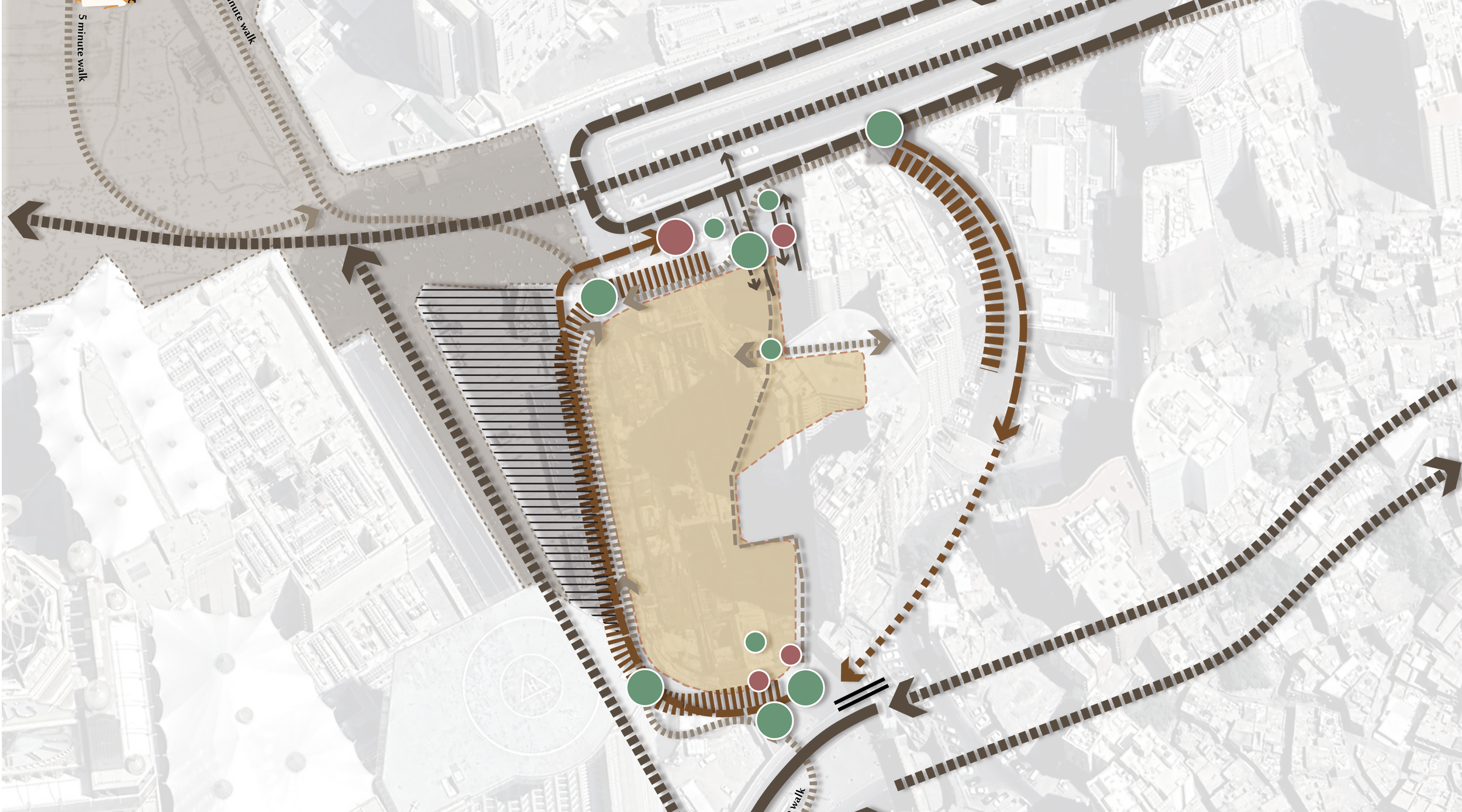 Vehicular and pedestrian circulation framework mapping arrival flows, drop-off sequencing, and decision-making nodes around the site perimeter.