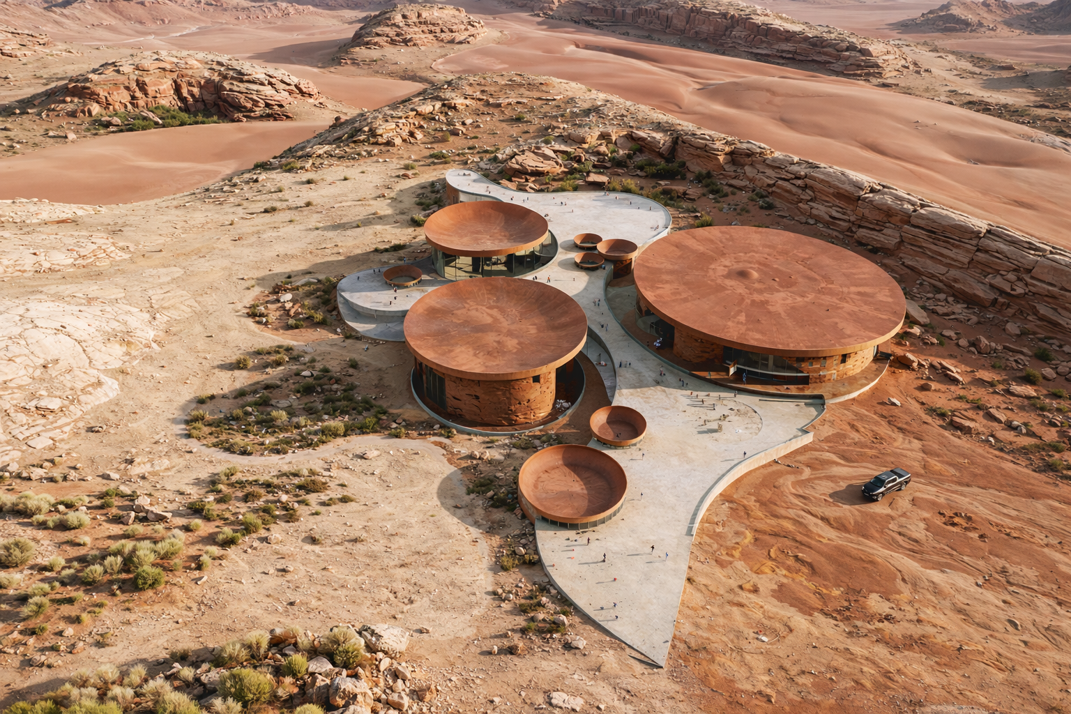 Site-integrated program clusters embedded in the desert landscape, forming a continuous experiential terrain.