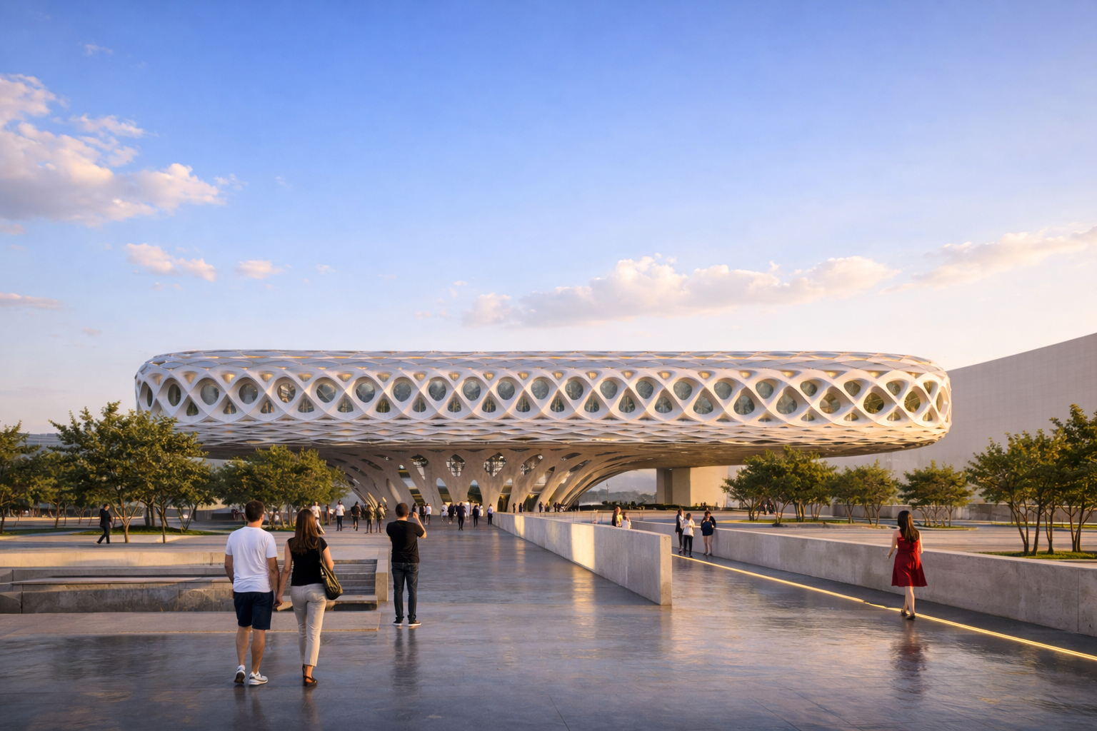 Public arrival sequence approaching the museum’s elevated entrance terrace, reinforcing monumentality and civic accessibility.